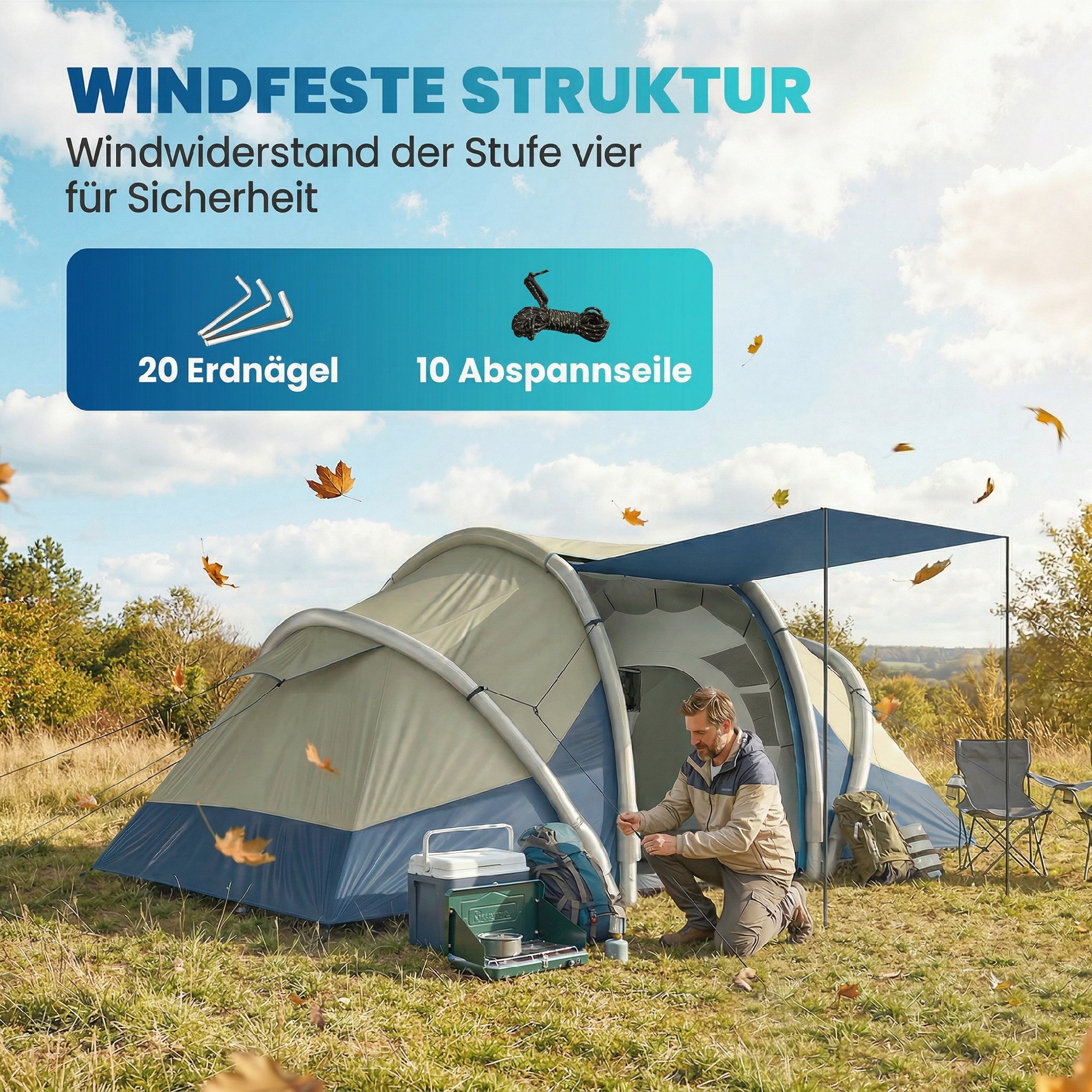aufblasbares Zelt 4 Personen Schneller Aufbau Outdoor Camping Zelt mit 2 Schlafzimmer Mesh Fenster Vordach