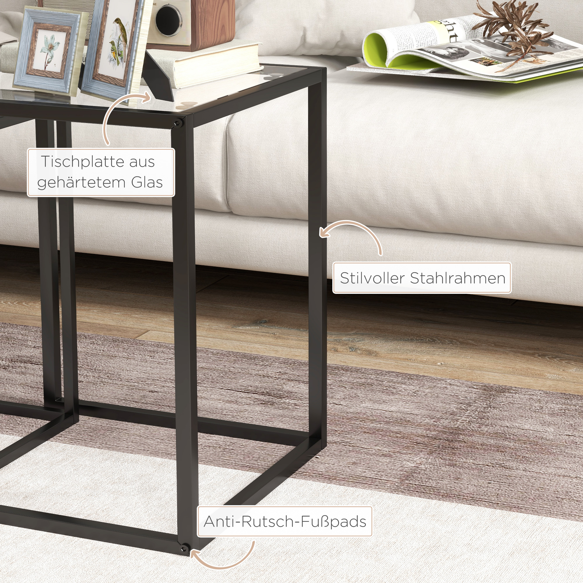 2er Set Beistelltisch stapelbarer Nachttisch Couchtisch mit Beinen aus Stahl, modern für Wohnzimmer Schwarz