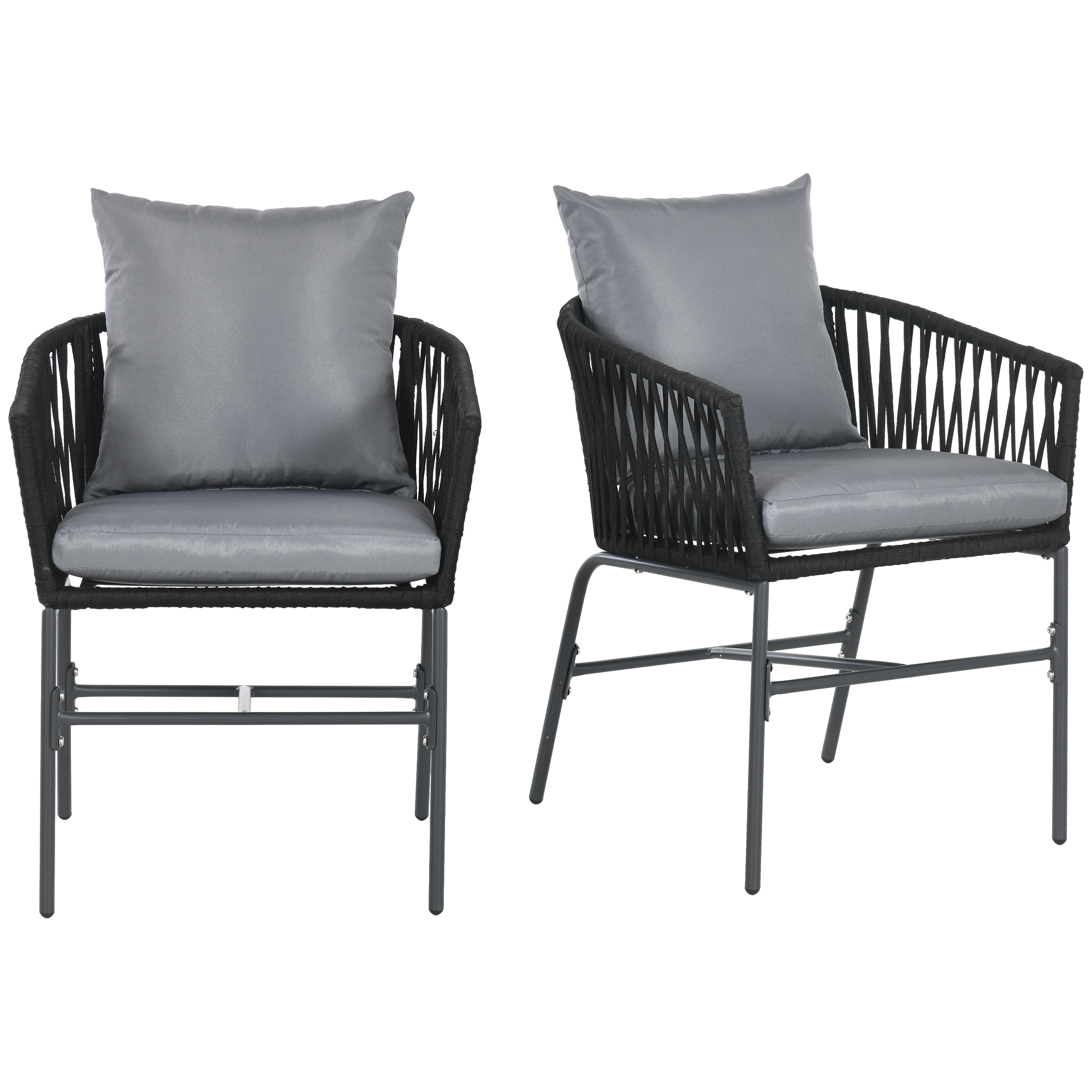 Outdoor Stühle, 2-er Set, Boho-Design, Sitz- und Rückenkissen, bequeme Sitzschale, Metallrahmen, Schwarz