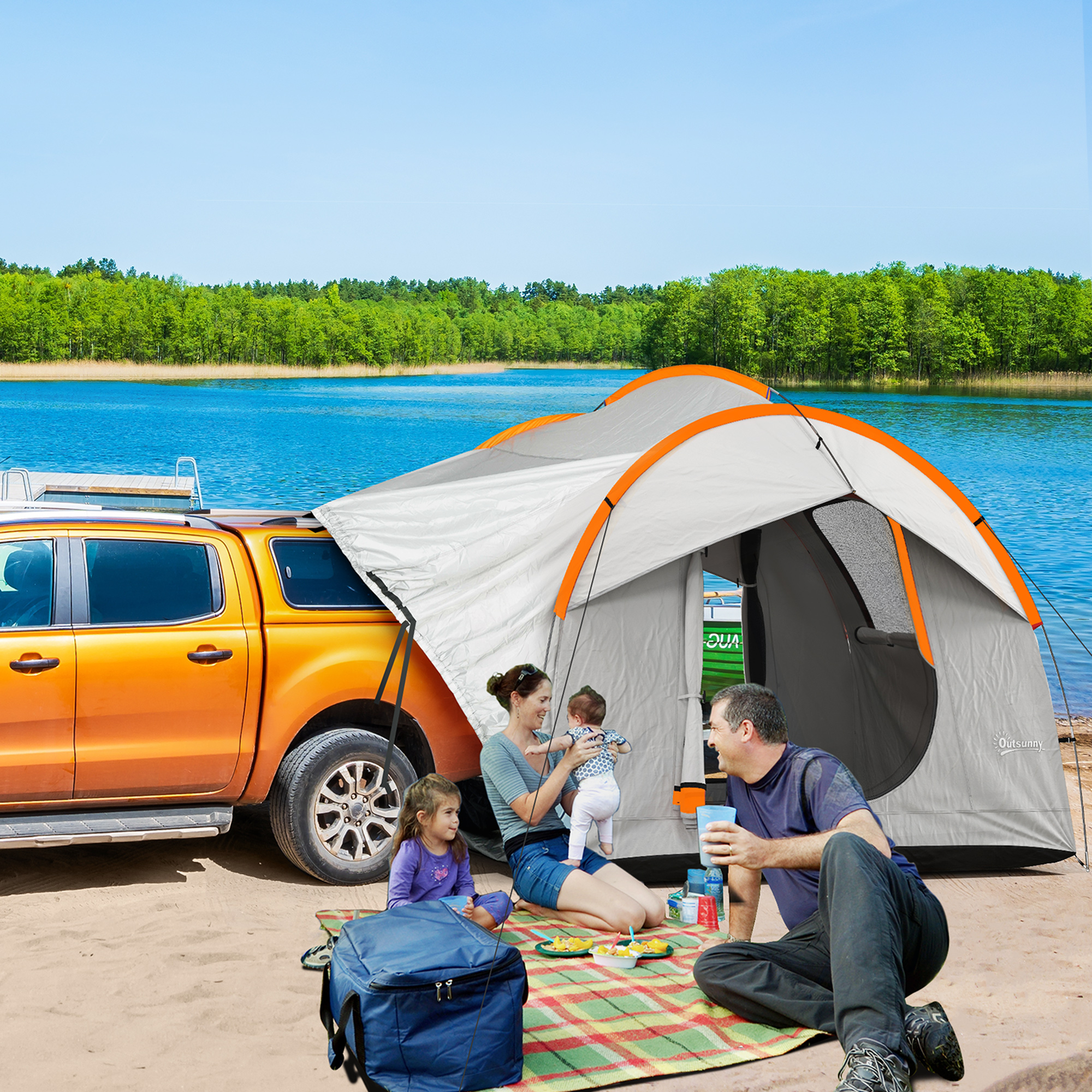 Autozelt Campingzelt, 3 Türen, wetterbeständig, 239cm x 210cm x 210cm, Orange + Grau