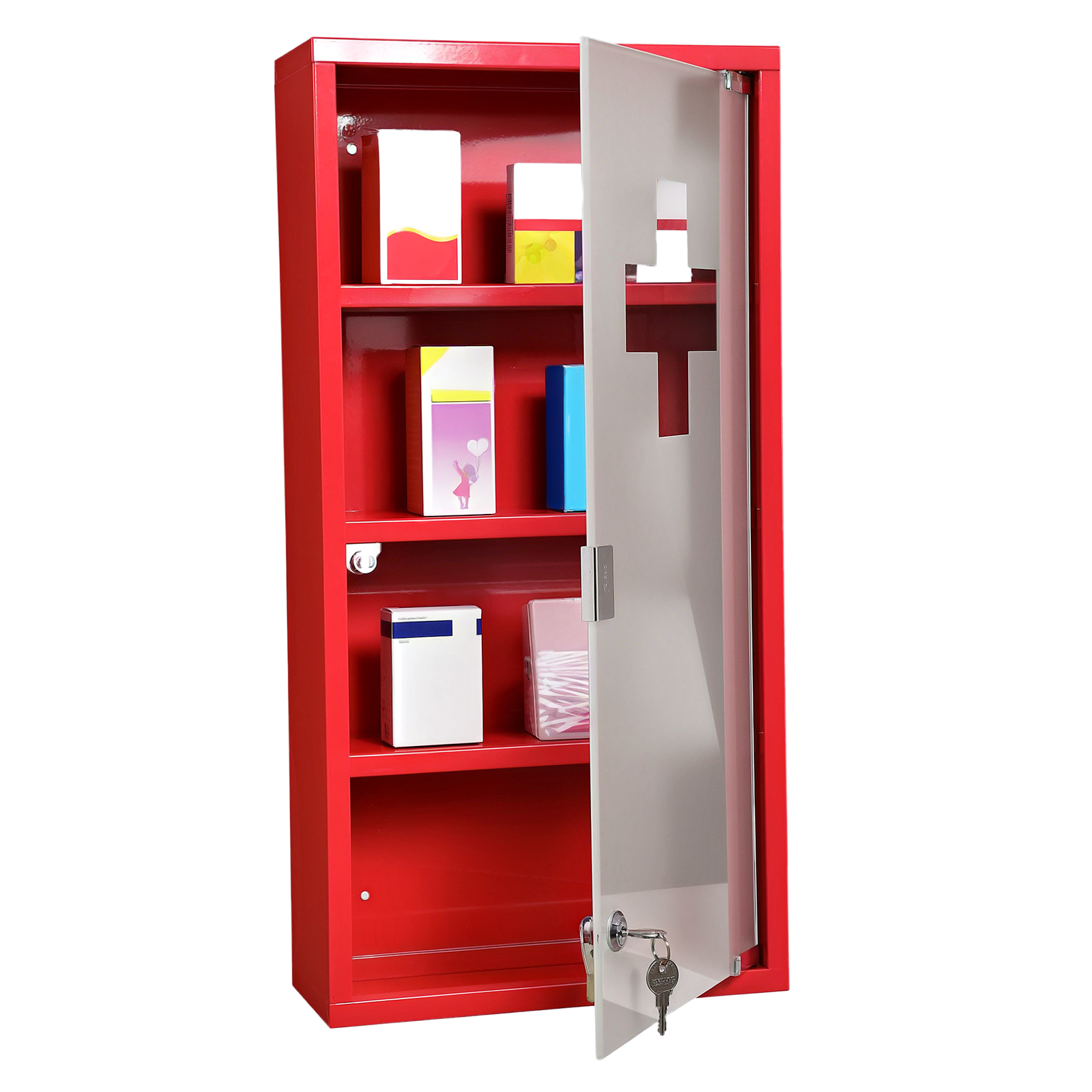 Medizinschrank aus Stahl Arzneischrank zur Medikamenten-Aufbewahrung, Abschließbar Apothekerschrank mit 4 Fächer, Glastür, 60 x 30 x 12 cm, Rot Medizinschrank aus Stahl Arzneischrank zur Medikamenten-Aufbewahrung, Abschließbar Apothekerschrank mit 4 Fächer, Glastür, 60 x 30 x 12 cm, Rot
