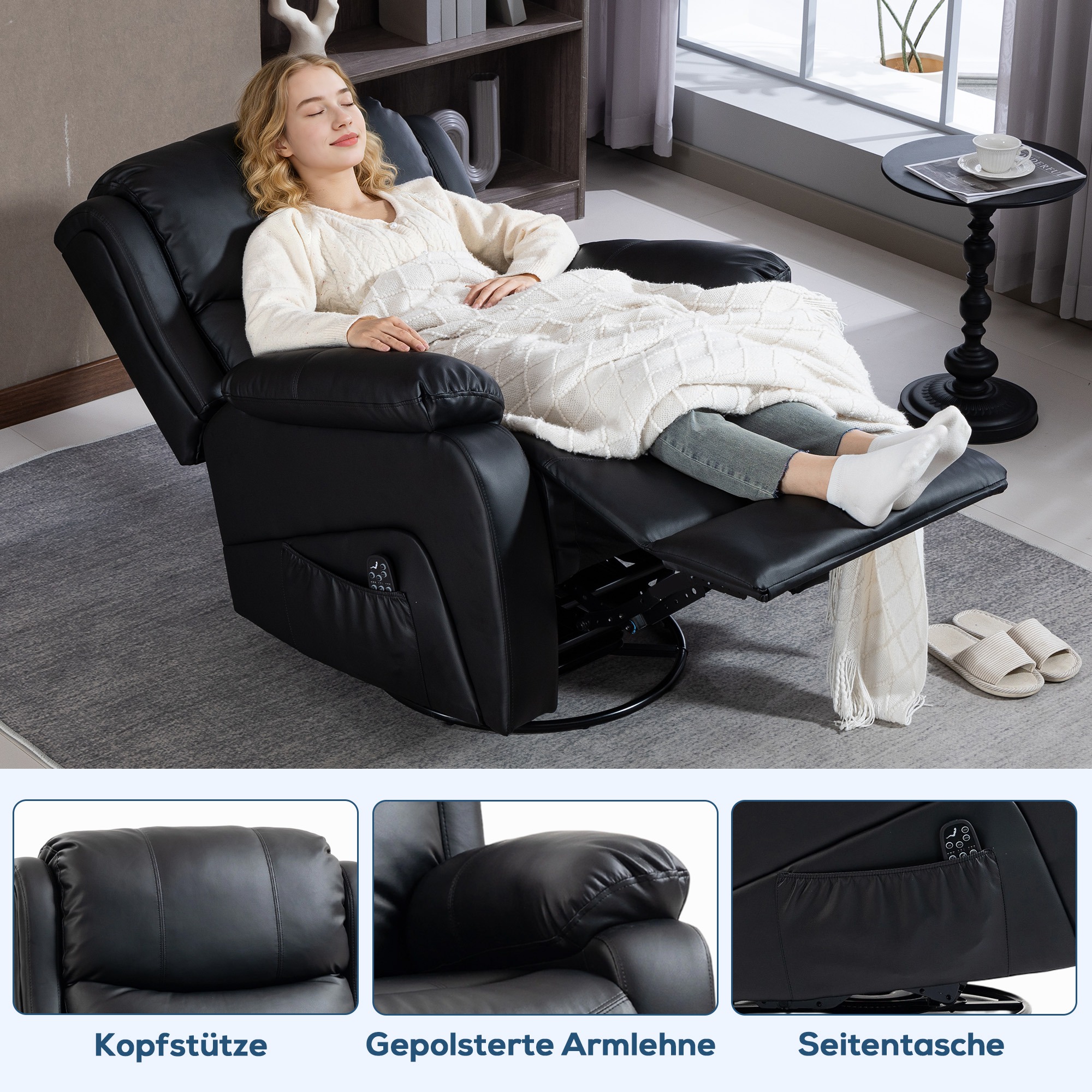 Massagesessel, Wärme- & Liegefunktion, Kunstleder, bis 150kg, 97x92x104cm, Schwarz