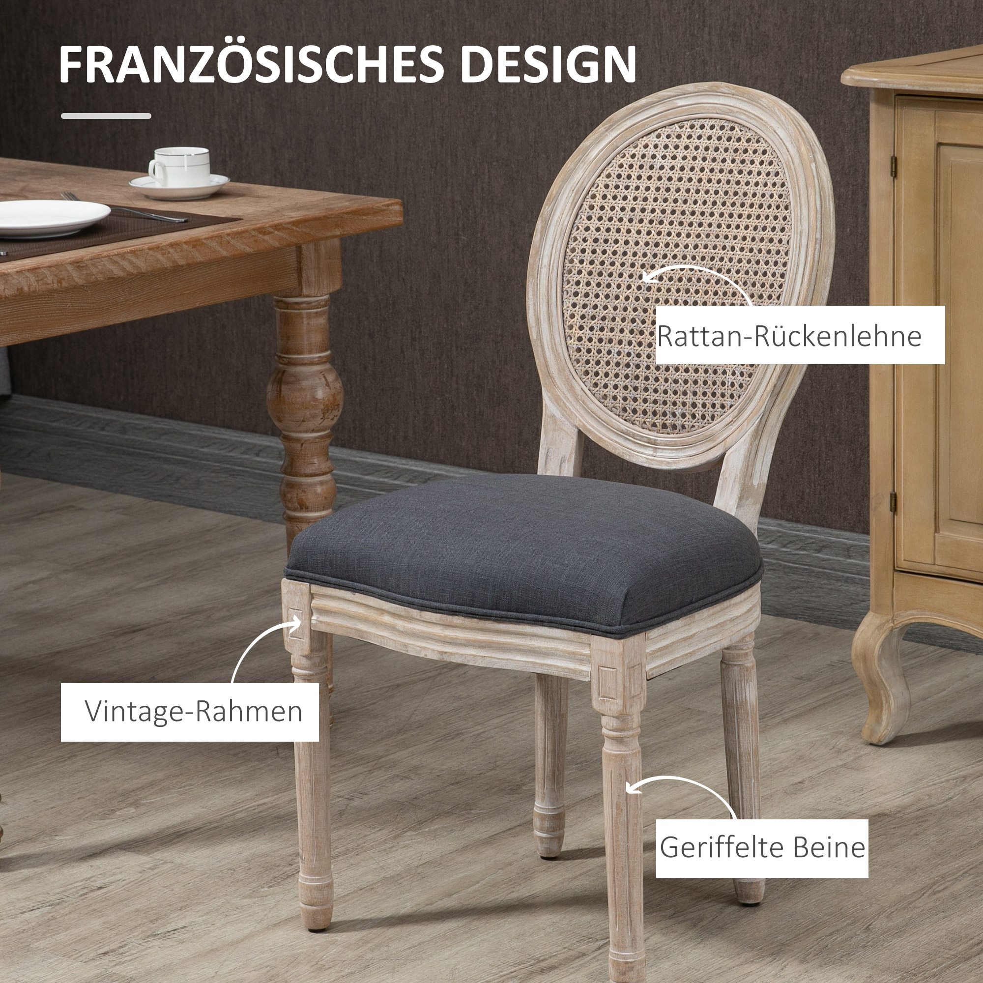 Küchenstühle im 2er-Set, weich gepolstert, Vintage-Design, Rattanoptik, Grau