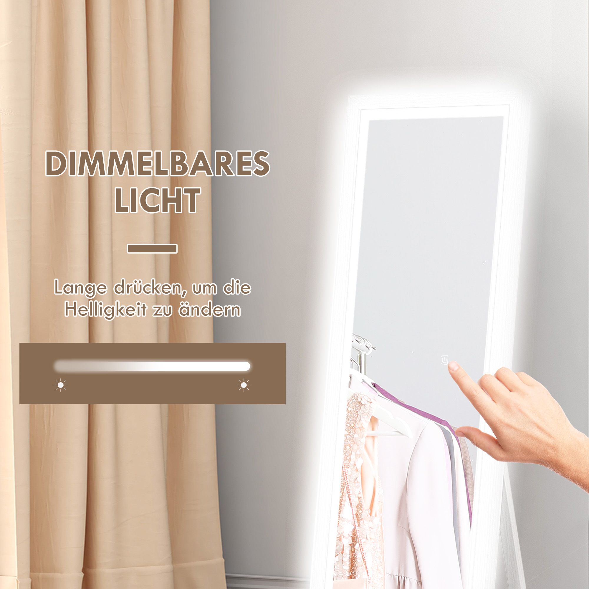 Ganzkörperspiegel, 40x160 cm, LED-Beleuchtung, Touch-Steuerung, dimmbar, 3 Farben, Weiß