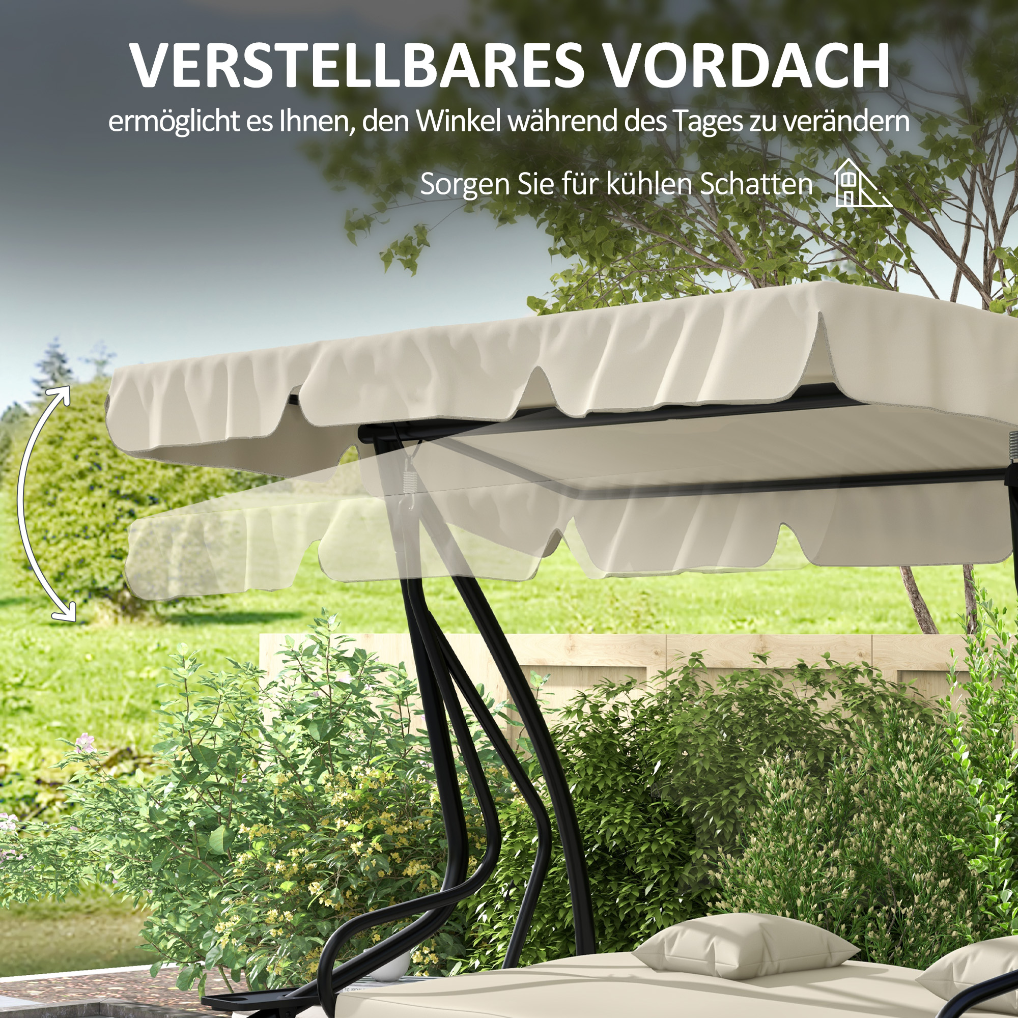 2-in-1 Hollywoodschaukel mit Liegefunktion, verstellbares Dach, bis 340 kg, Stahl, 200x120x164 cm, Cremeweiß