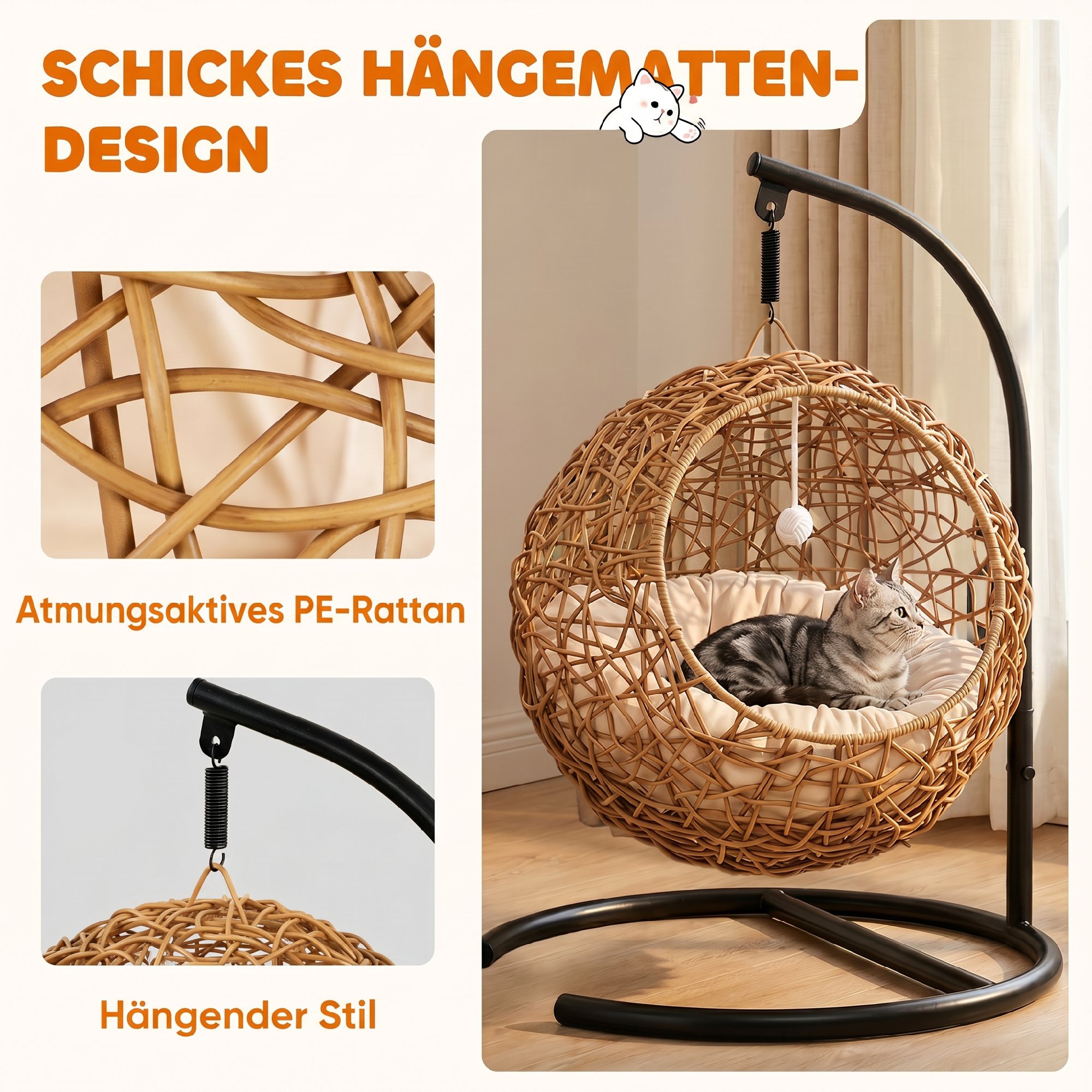 Katzenbett Rattan Katzenhöhle mit Waschbarem Kissen und Spielball, für Katzen bis 10 kg, 45 x 41 x 75 cm, Hellbraun