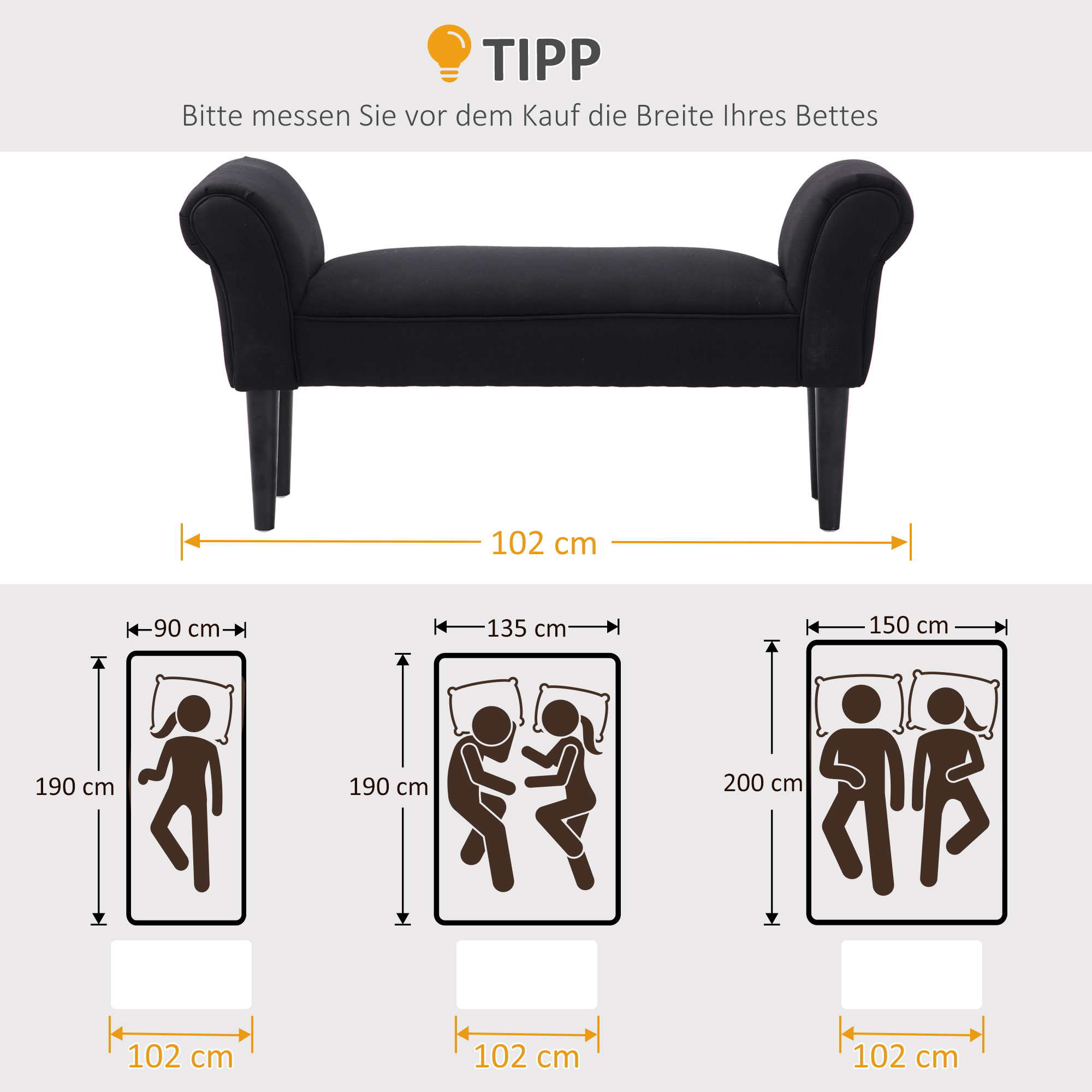 Sitzbank, Bettbank, zeitloses Design, weiche Polsterung, bis 130 kg, schwarz, 102 x 36 x 51 cm