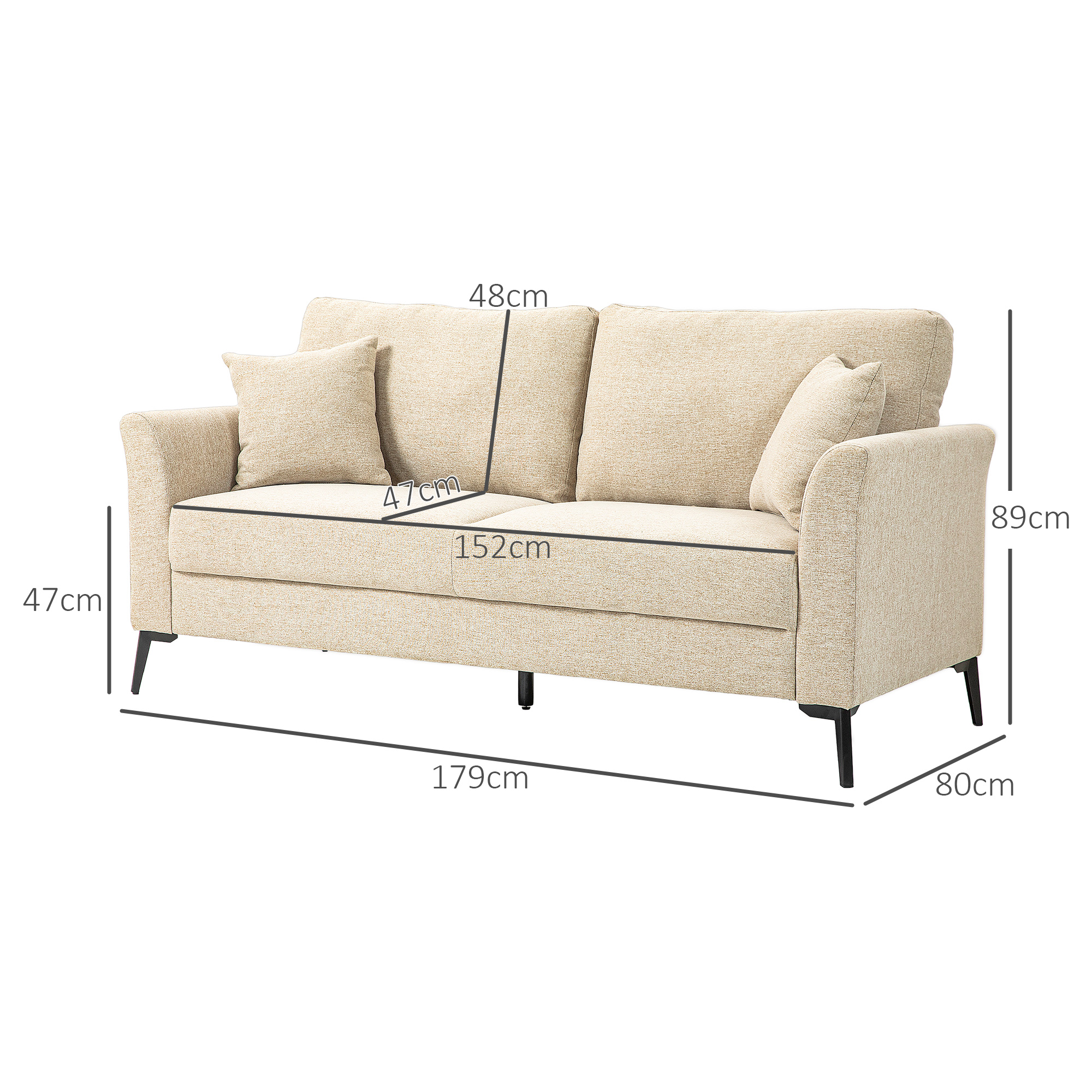 2-Sitzer Sofa mit Leinenoptik, dicke Polsterung, bis 360 kg, 179 x 80 x 89 cm, Beige