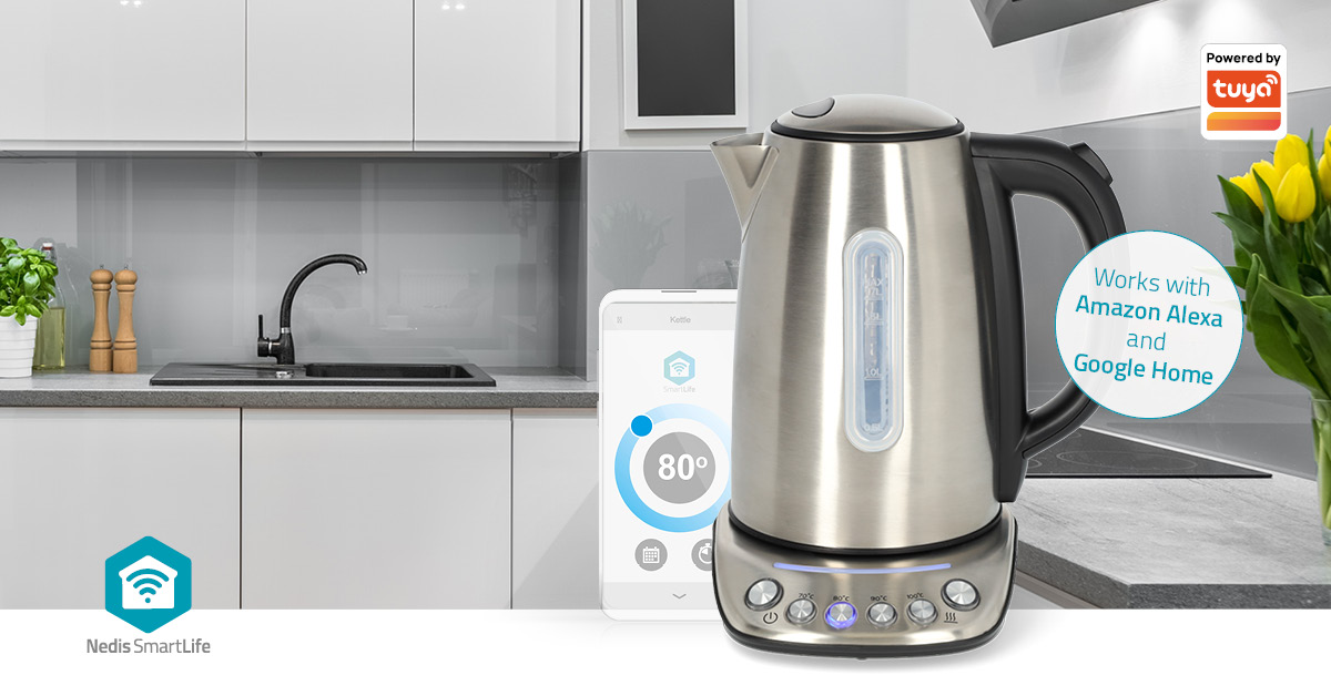 SmartLife Wasserkocher | Wi-Fi | 1.7 l | Edelstahl | 70,80,90,100 °C | Temperaturanzeige | Um 360 Grad drehbar | Verdecktes Heizelement | Strix Controller | Android? / IOS