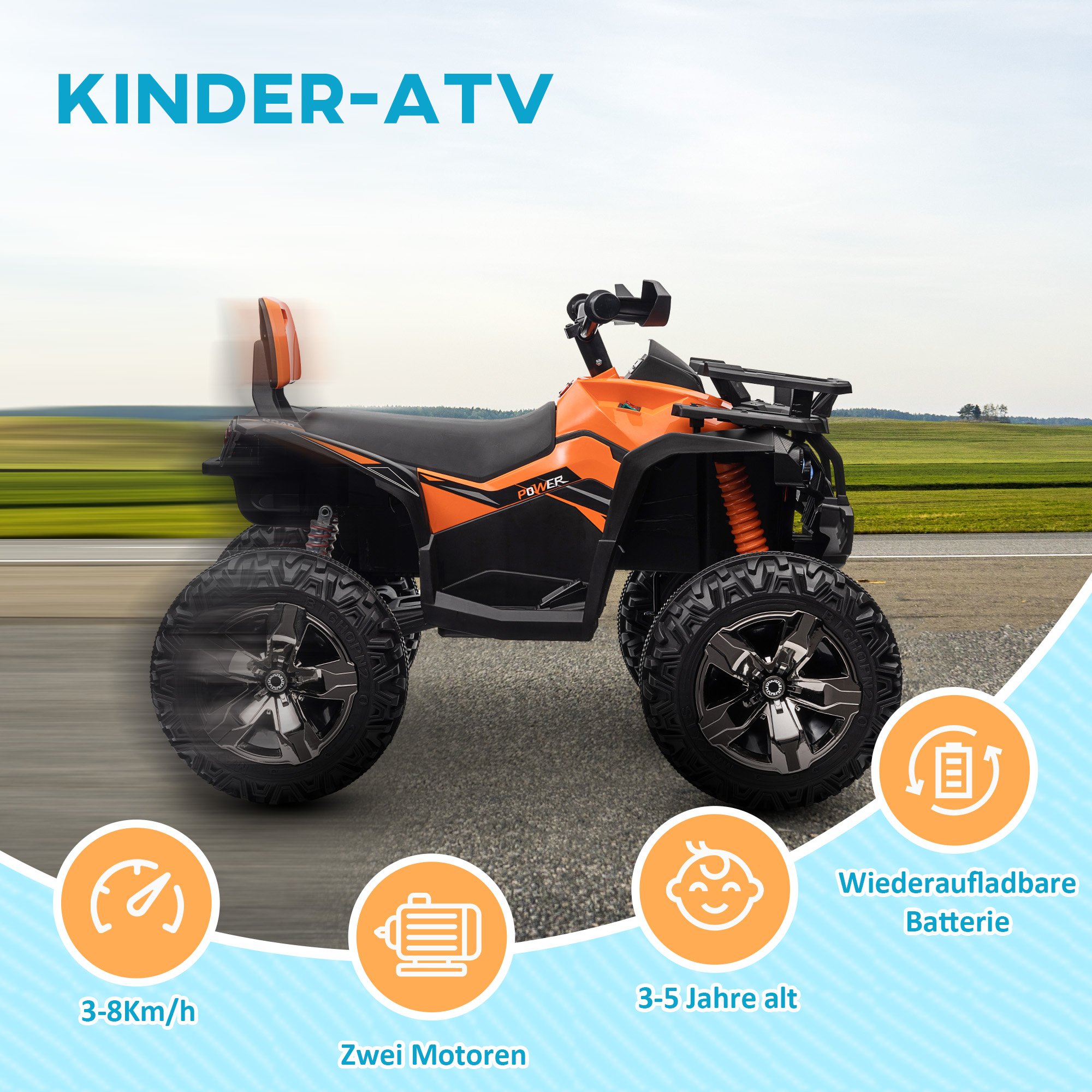 12V Kinderfahrzeug mit Vorwärts-, Rückwärtsfunktion, MP3-Musikplayer, Scheinwerfer, 3-8 km/h, 3-5 Jahre, Orange