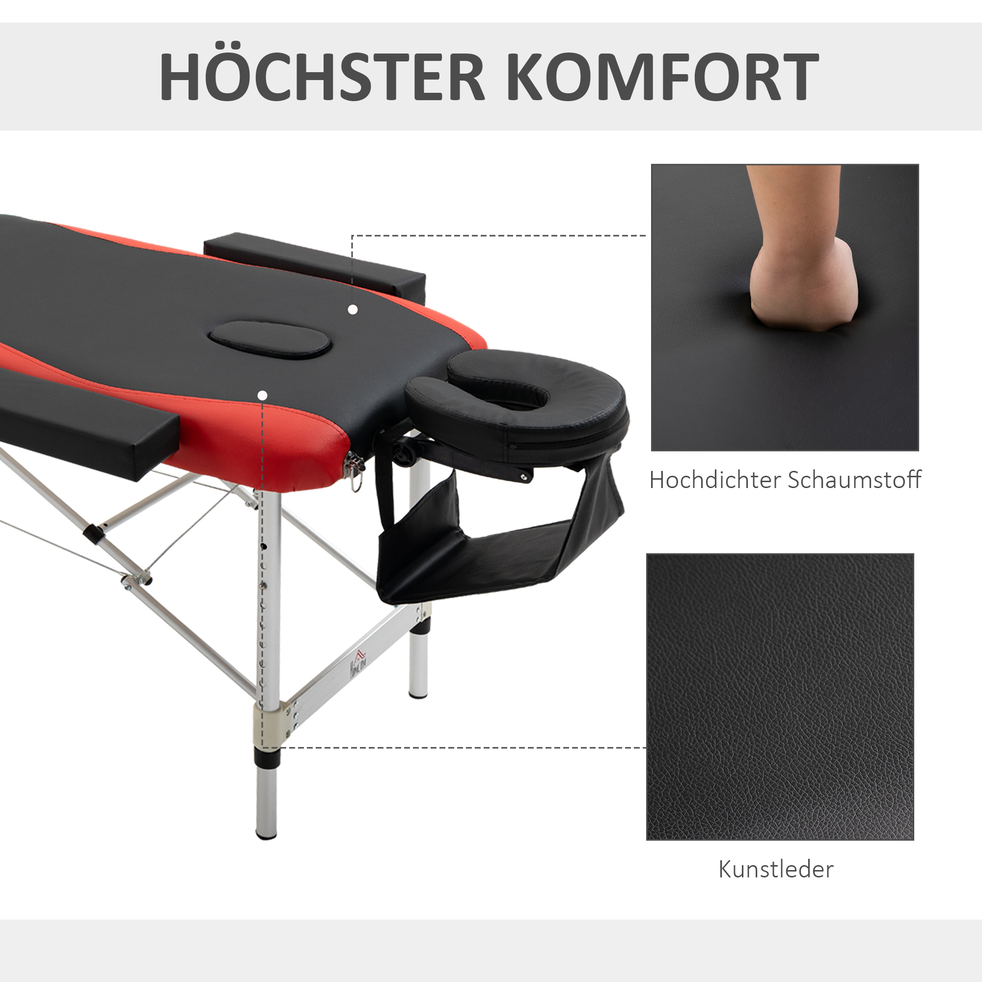 mobile Massageliege 3 Zonen klappbar Massagetisch mit Kopfstütze Armlehne Tragetasche höhenverstellbare Aluminium Massagebett tragbar inkl. Zubehör Massagebank bis 225 kg Belast Rot