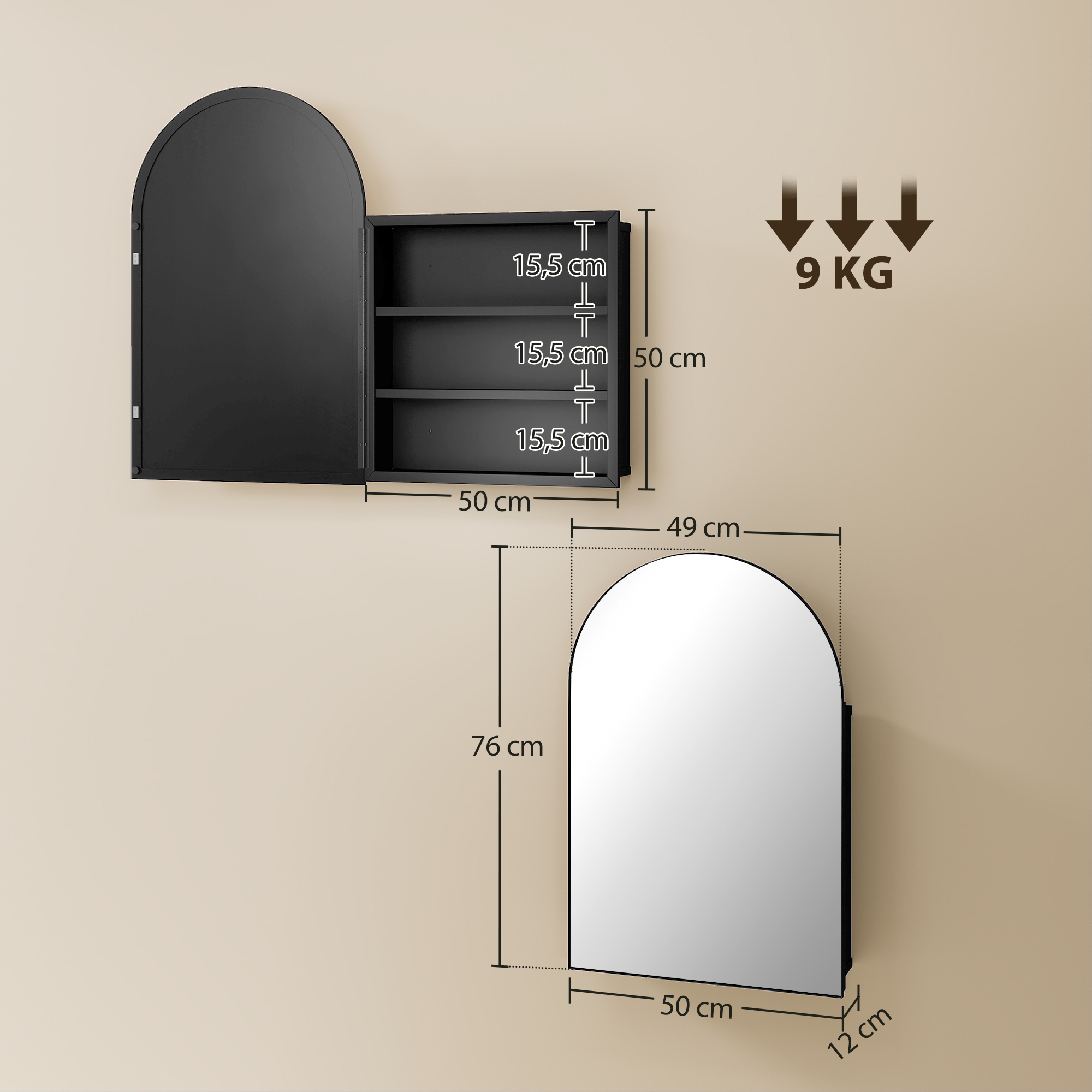 Spiegelschrank Bad Gewölbter Badezimmerschrank mit 180° Tür, 3 Regalen, aus Metall Schwarz 50 x 12 x 76 cm
