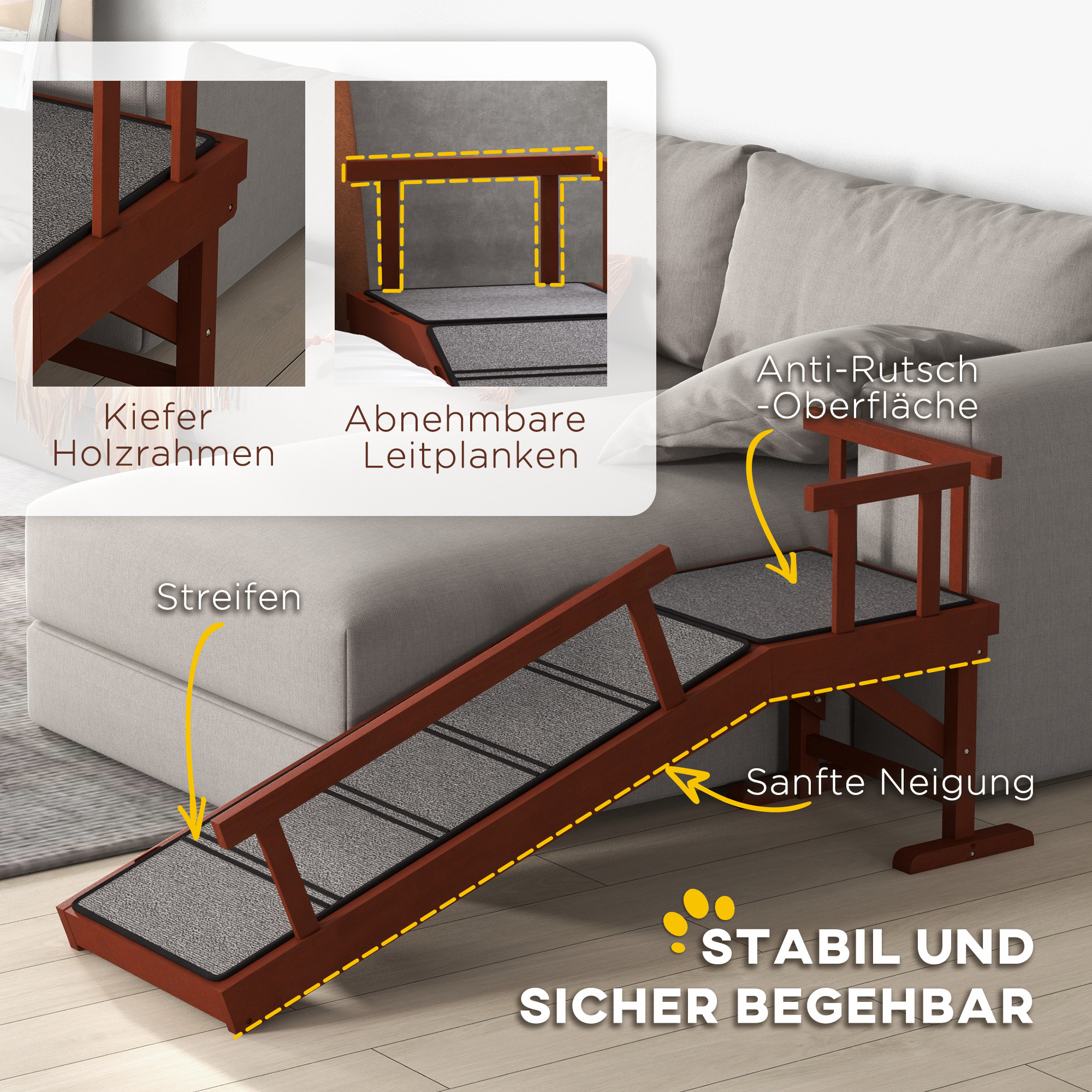Hunderampe, abnehmbare Geländer, rutschfest, Holz, bis 30 kg, 125x40x56cm, Braun/Grau