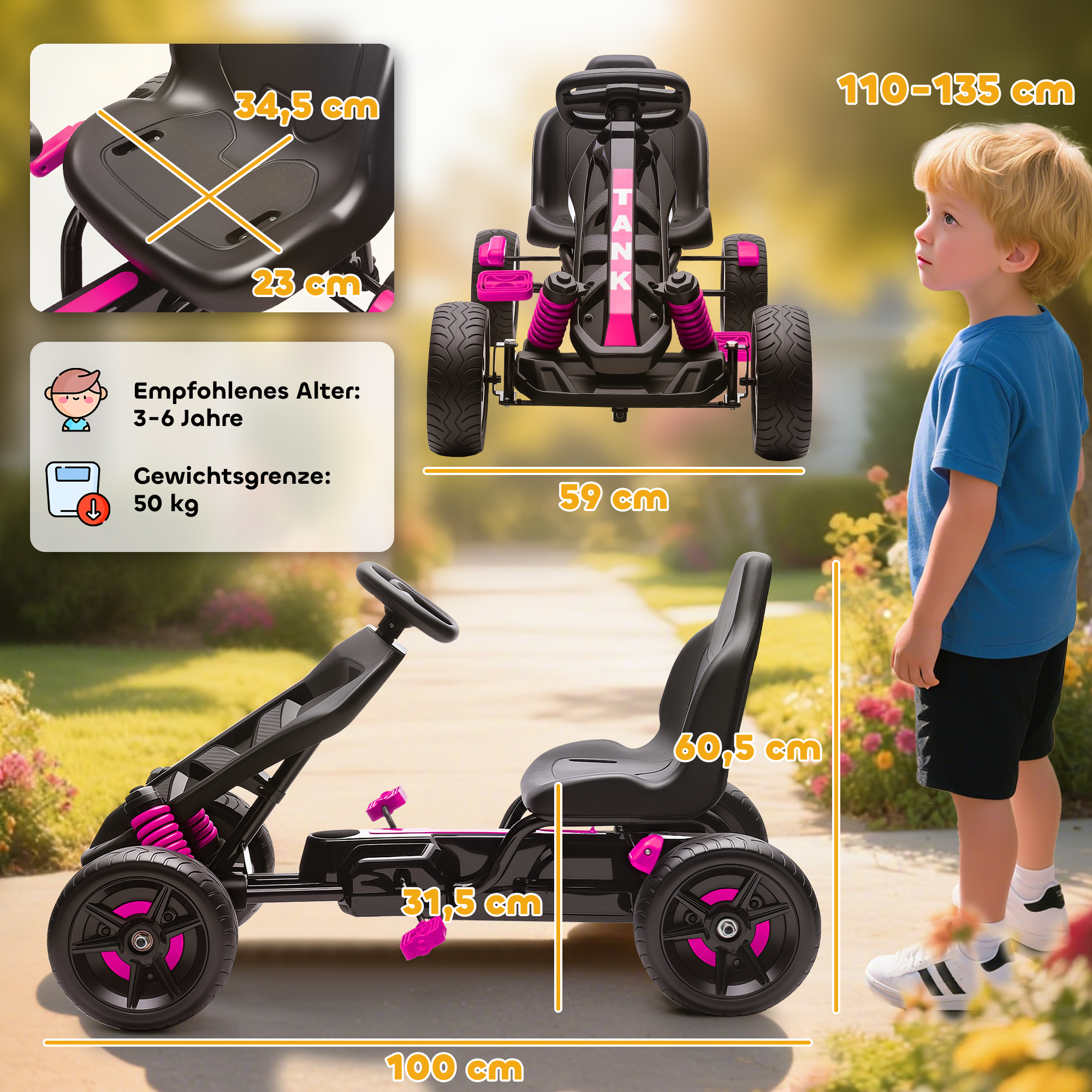 Gokart mit Pedalen, Tretauto für Kinder mit Bremse, rutschfeste Räder, Metallrahmen, 3-6 Jahre, Rosa