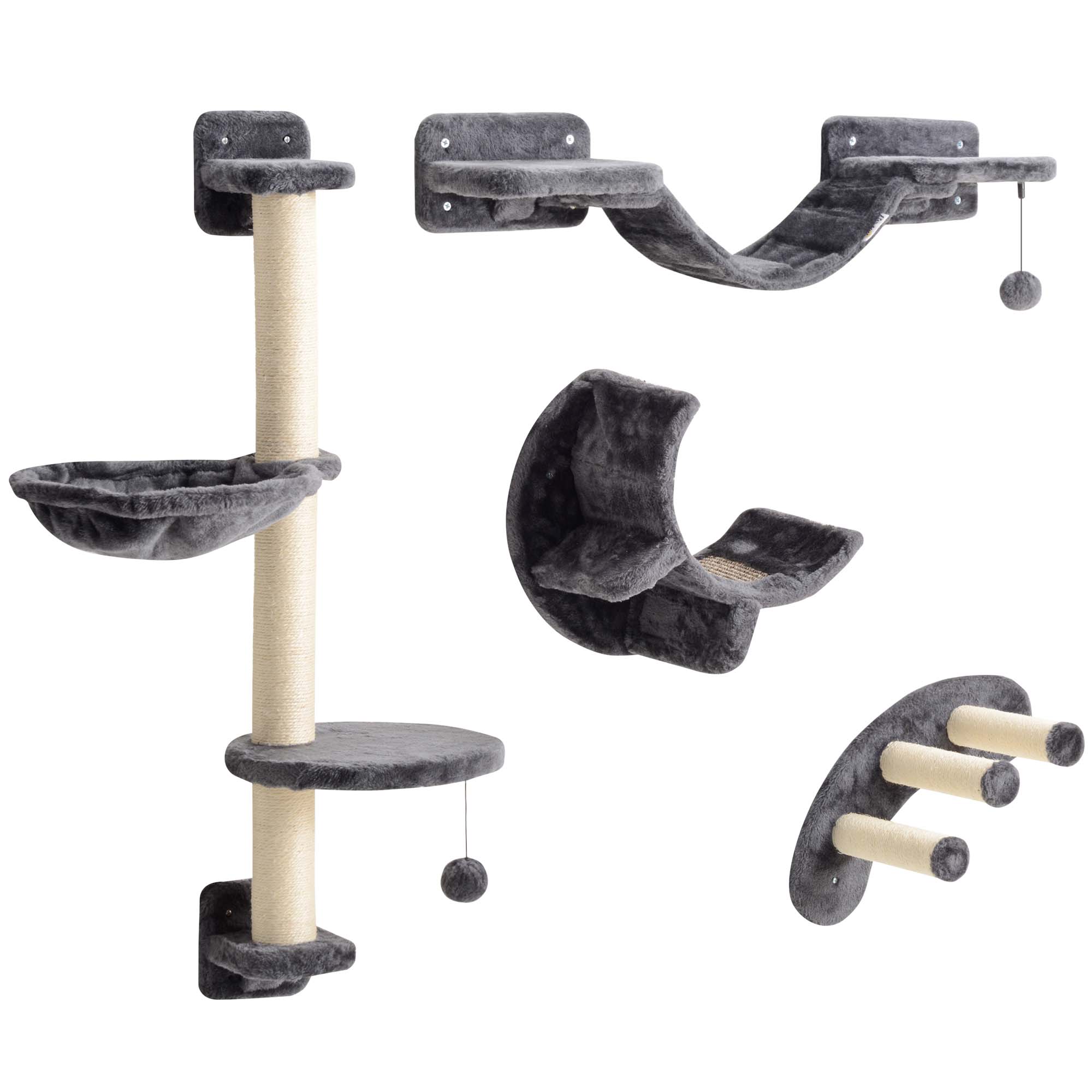 Kletterwand Katzen 4-teilig Katzen Kletterwand Set mit Hängematte, Katzenbrücke bis zu 5 kg, Dunkelgrau