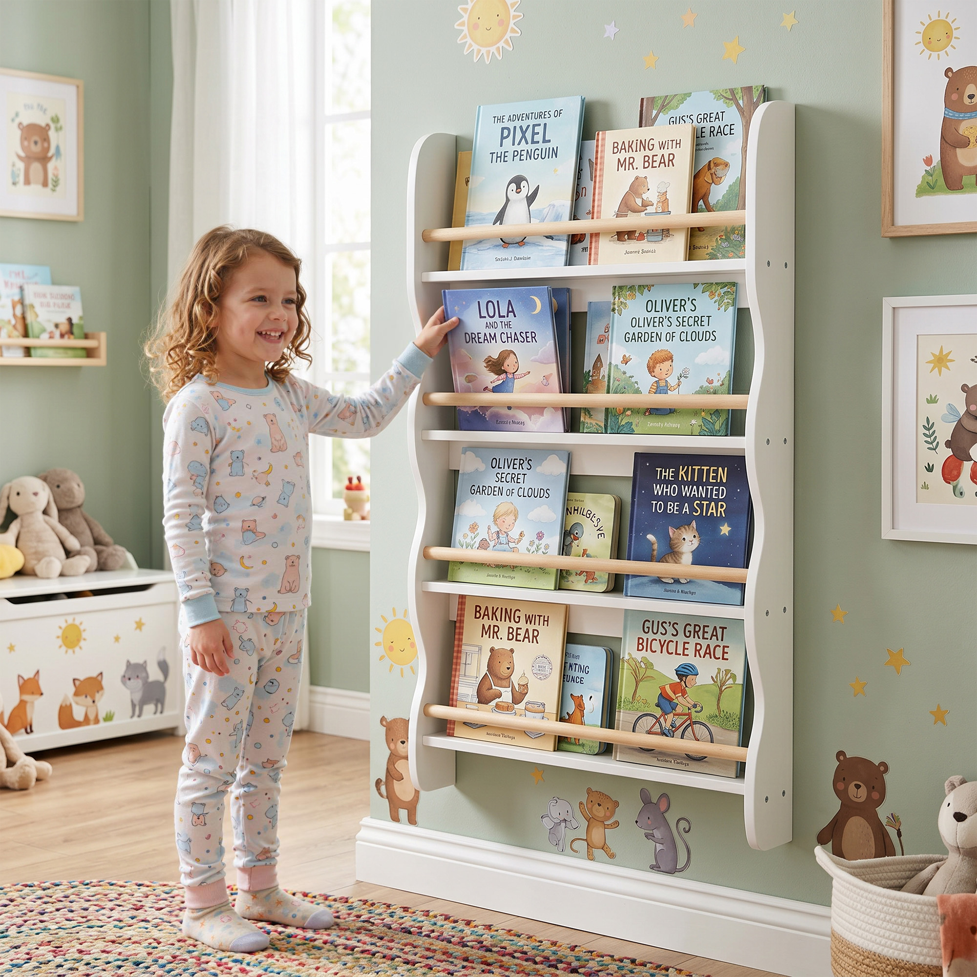 Bücherregal Kinder, Kinderregal mit 4 Regal, Wandregal mit Kippschutz Montessori 60 x 10 x 98 cm, Weiß