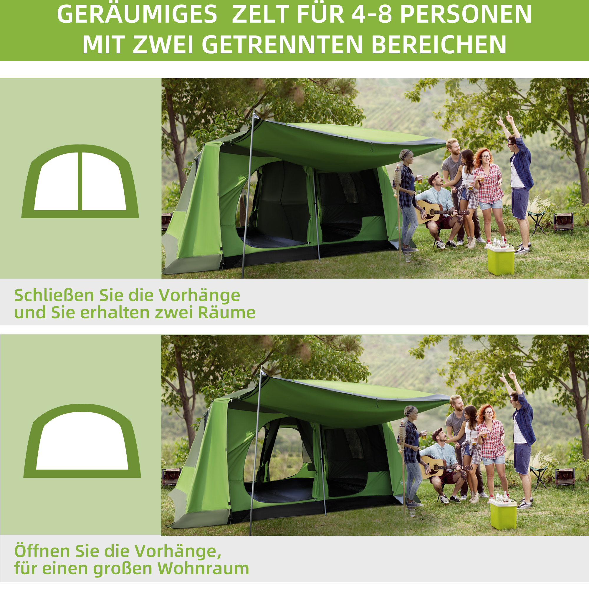Campingzelt Kuppelzelt Familienzelt 2 Schlafkabinen 4-8 Personen L405 x B305 x H225cm