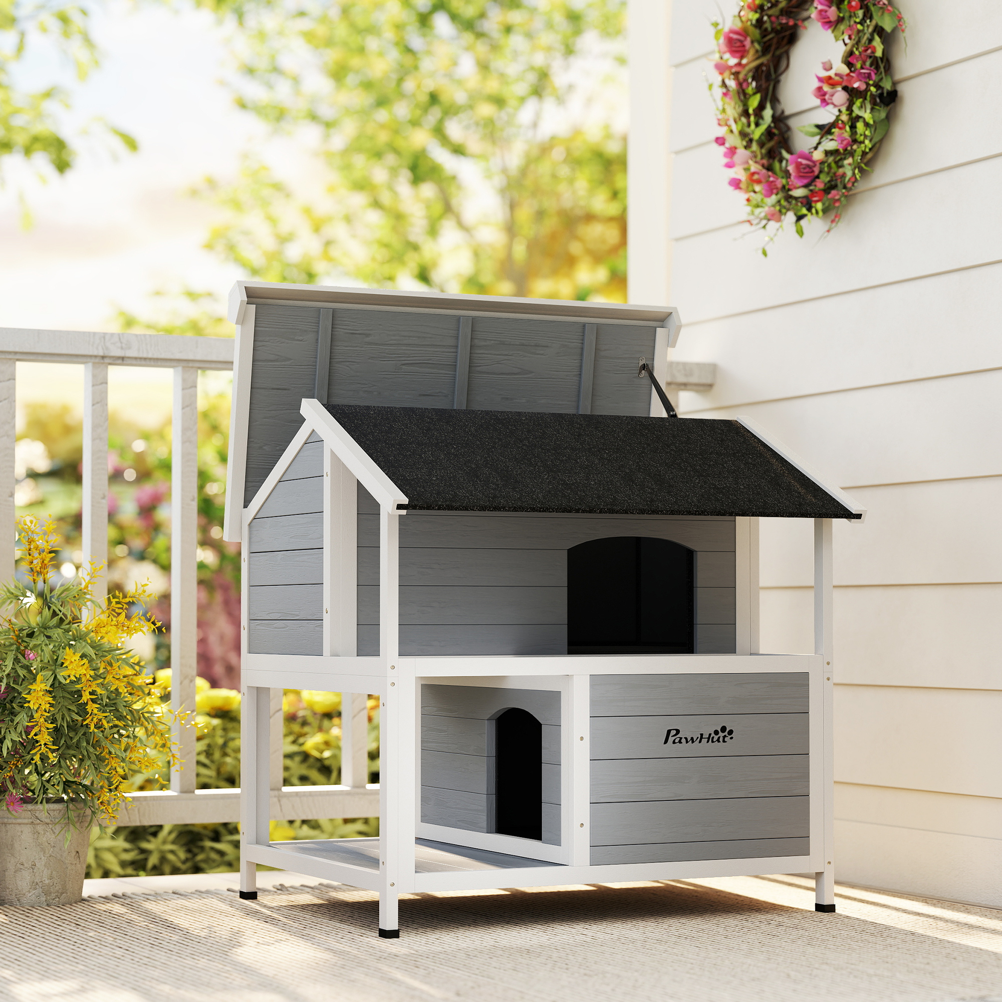 Outdoor-Katzenhaus, Katzenzuflucht für den Außenbereich, wasserfest, aufklappbares Dach, Fichtenholz, 80 x 93 x 95, Grau