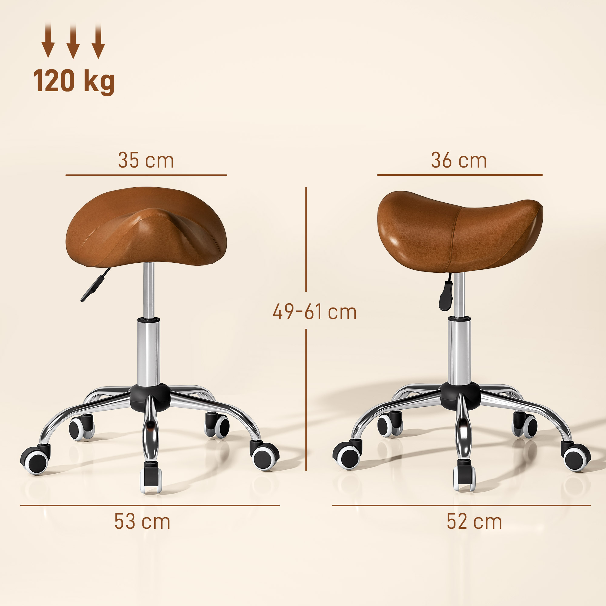Rollhocker höhenverstellbar Drehhocker 49-61 cm Arbeitshocker drehbar Sattelhocker für Büro Salon Massage Spa Braun