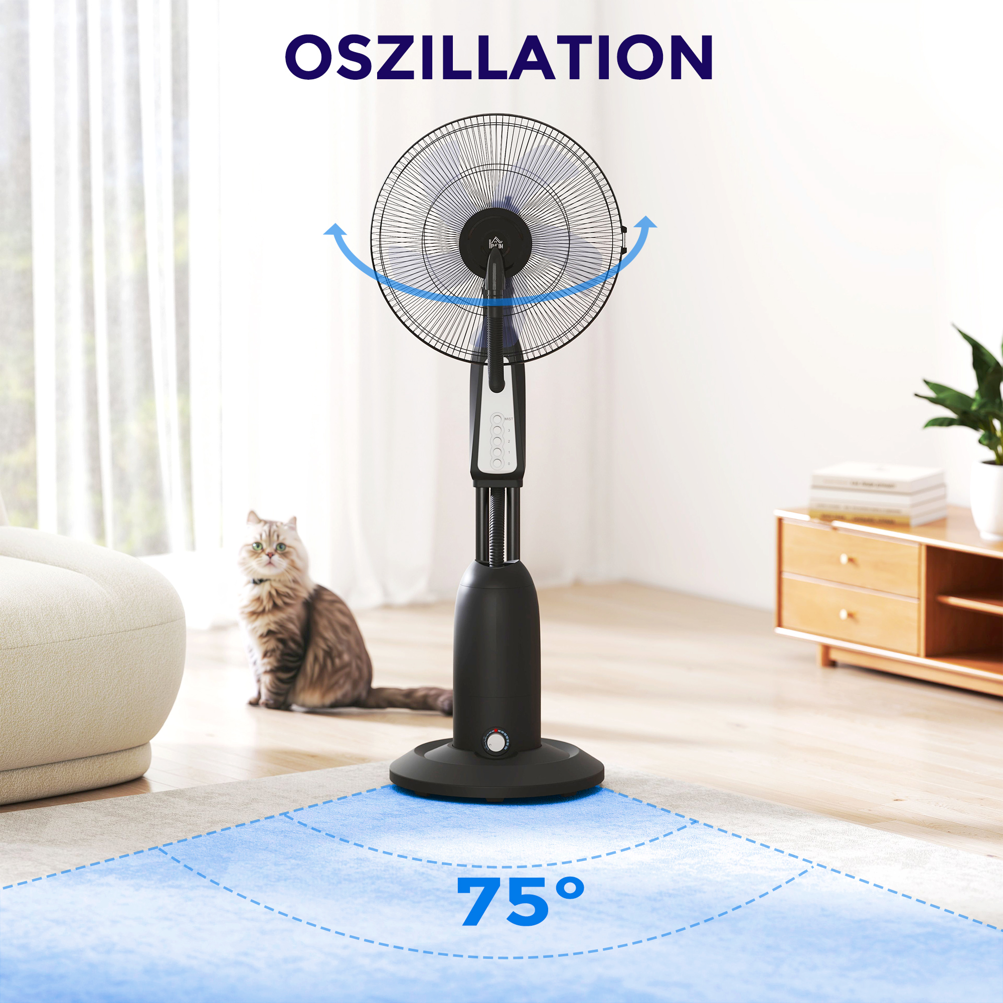 Ventilator mit Sprühnebelfunktion, 3 Liter-Tank, 75 Grad drehbar, 3 Geschwindigkeiten, rollbar, 125 cm, Schwarz