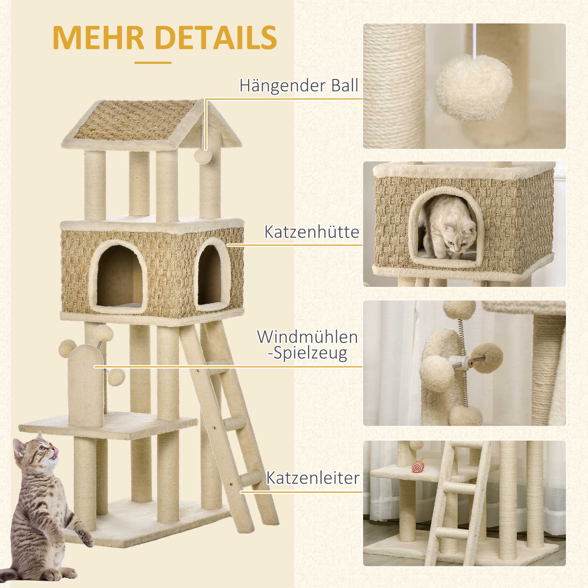 mit Katzenhöhle inkl. Spielzeug  Sisal Plüsch Khaki + Beige + Kaffee