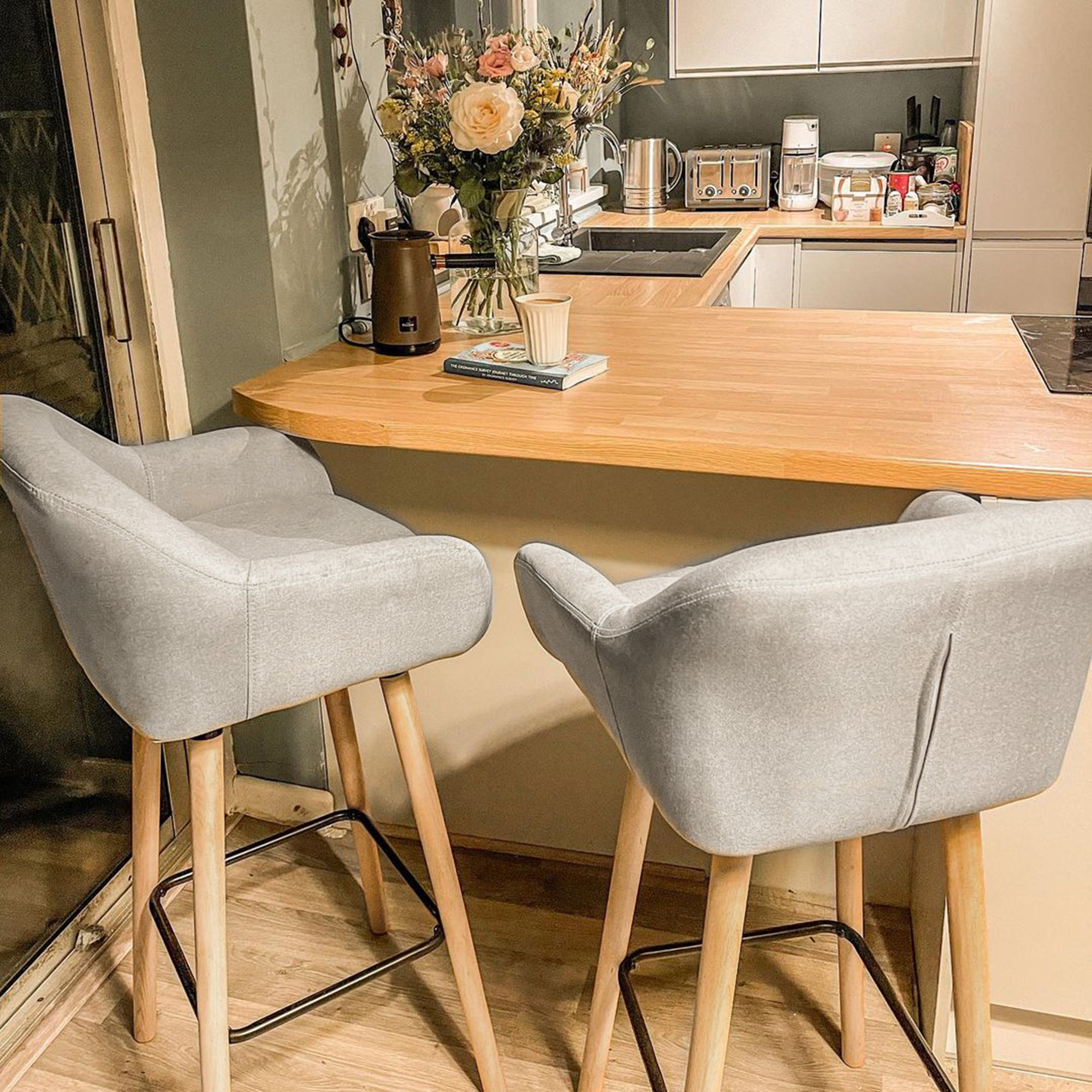 2er-Set Barhocker, inkl. Fußstütze, Massivholz, 55 cm x 48c m x 100 cm,  Beige