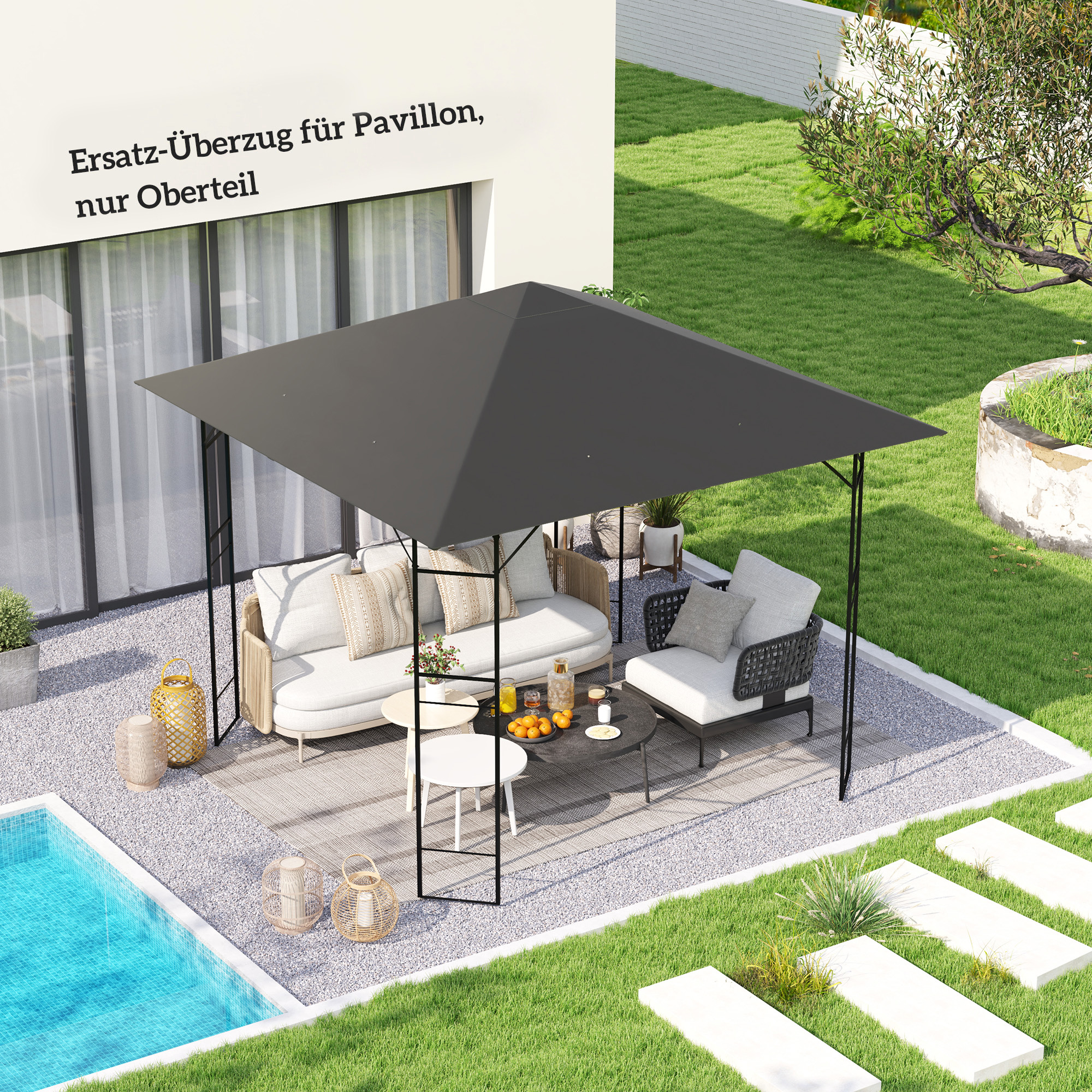 Ersatzdach für Pavillon 3 x 3 m wasserabweisend Pavillondach UPF30+ Ersatzbezug Oxford-Stoff, 370 g/m², Grau