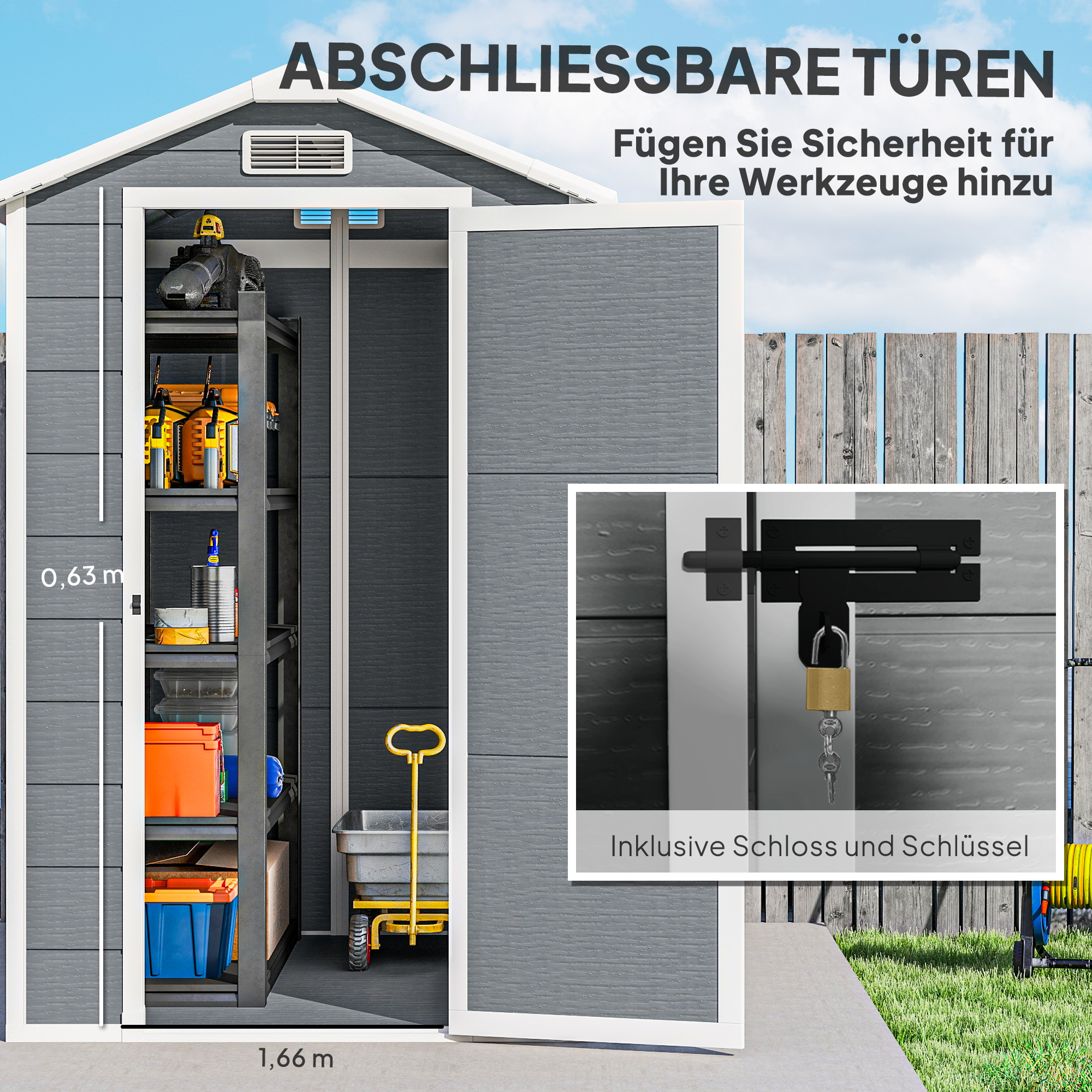 Gartenschuppen, Kunststoff-Gartenhaus mit Boden, Fenster, verschließbare Türen, für Garten, 131B x 186T x 198H cm, Grau