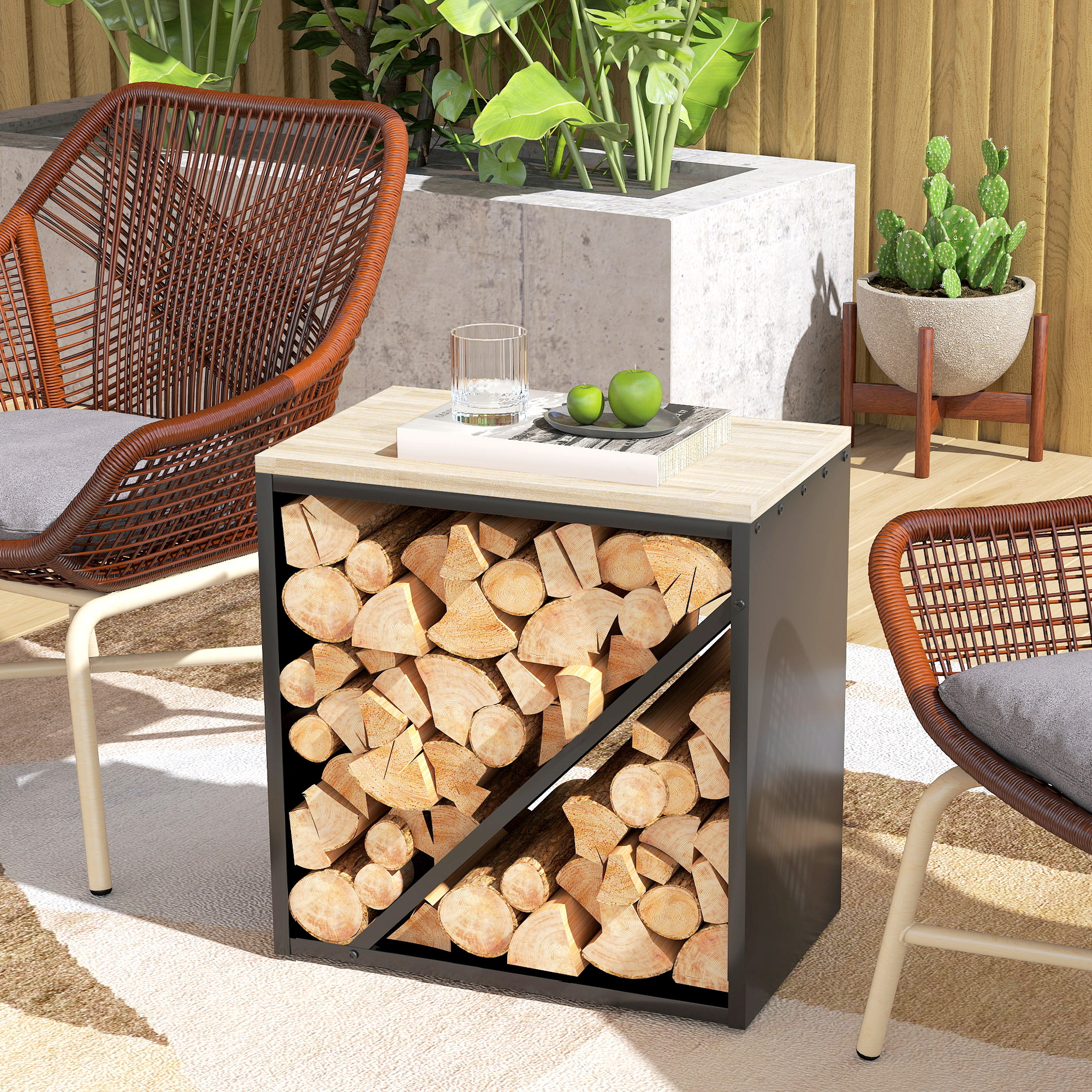 2-in-1 Kaminholzregal für innen 58 x 36 x 60cm erhöhtes Brennholzregal mit Trenner Metall Schwarz