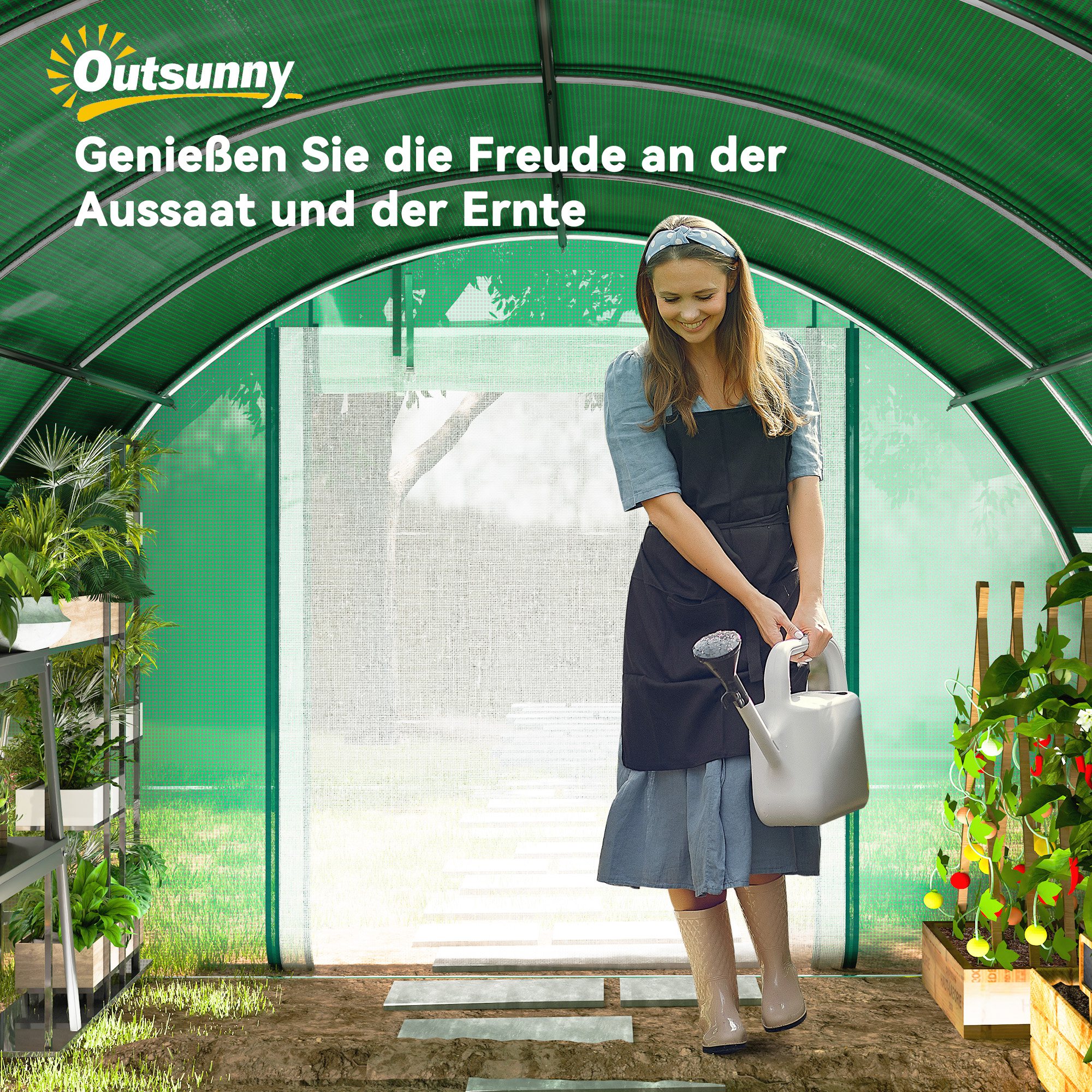 4 x 3 x 2 m Polytunnel-Gewächshaus mit Sonnenschutznetz, rollbaren Seitenwänden, Kunststoff-Abdeckung, Stahlrahmen, Grün