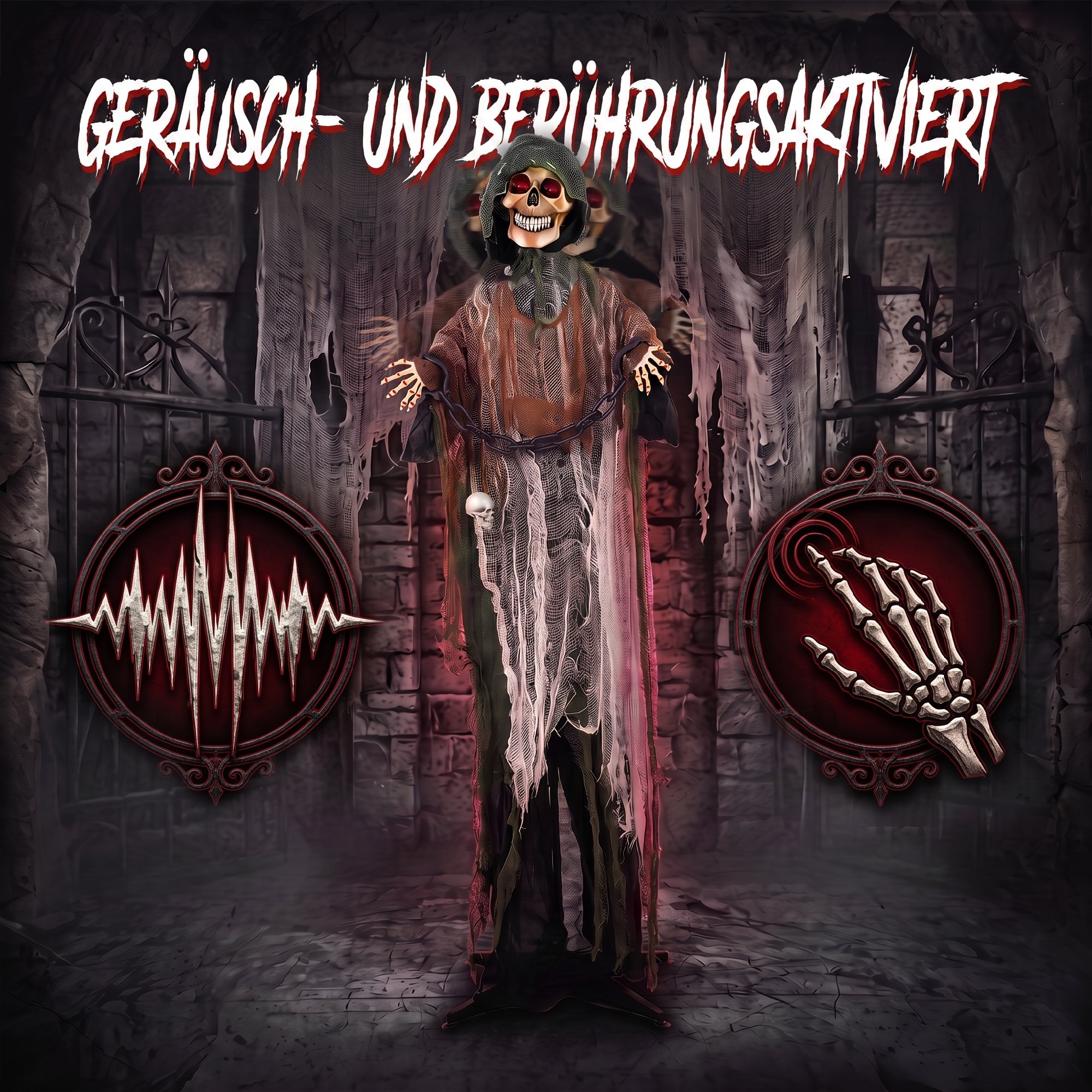 animierter Sensenmann, 170 cm, lebensgroße Halloween-Animatronic mit beweglichen Händen/Kopf, leuchtenden Augen und Gruselsound