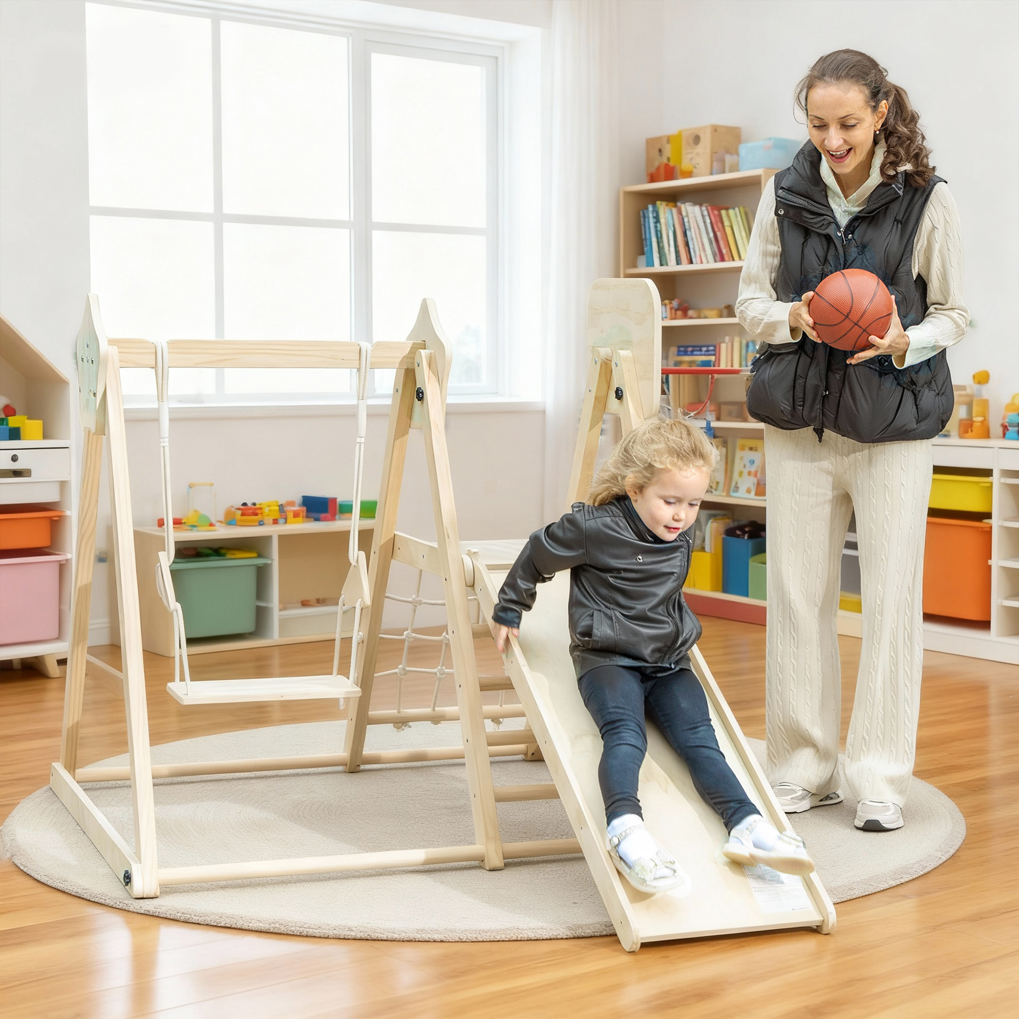 5-in-1 Indoor-Klettergerüst mit Rutsche, Schaukel, Kletternetz, Basketballkorb, klappbar, 3-6 Jahre, Naturholz