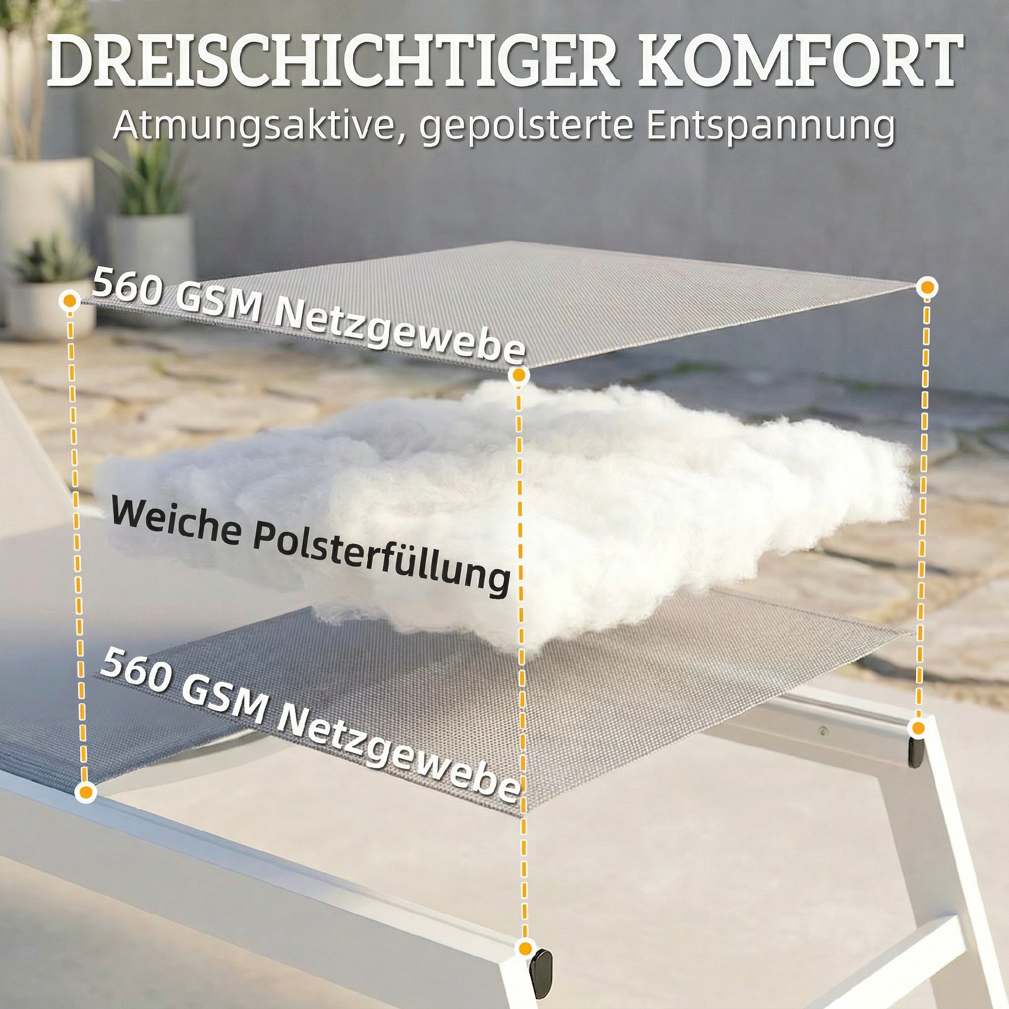 Sonnenliege Atmungsaktive Gartenliege mit 6-fach Verstellbar Rückenlehne Aluminiumrahmen Hellgrau