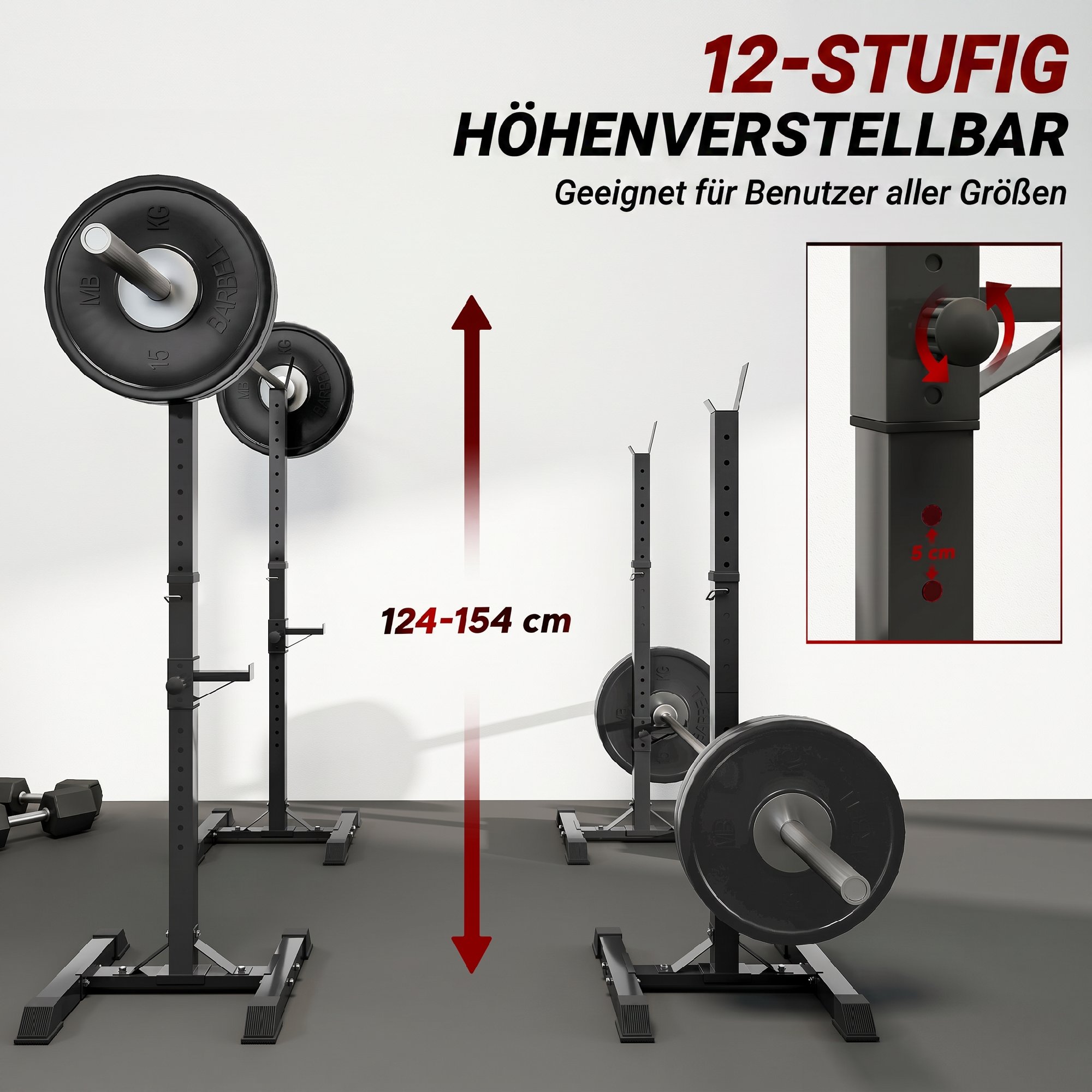 Hantelständer, 2er-Set, bis 150 kg belastbar, höhenverstellbar, Stahl, weiß+schwarz, 52 x 48 x 160 cm