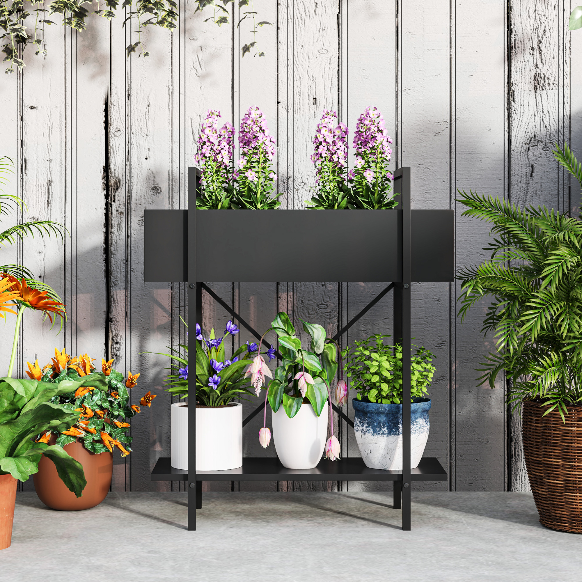 Pflanzenständer, Blumentopfständer mit 2 Ebenen, Ablauflöcher, für drinnen und draußen, Metall, Schwarz
