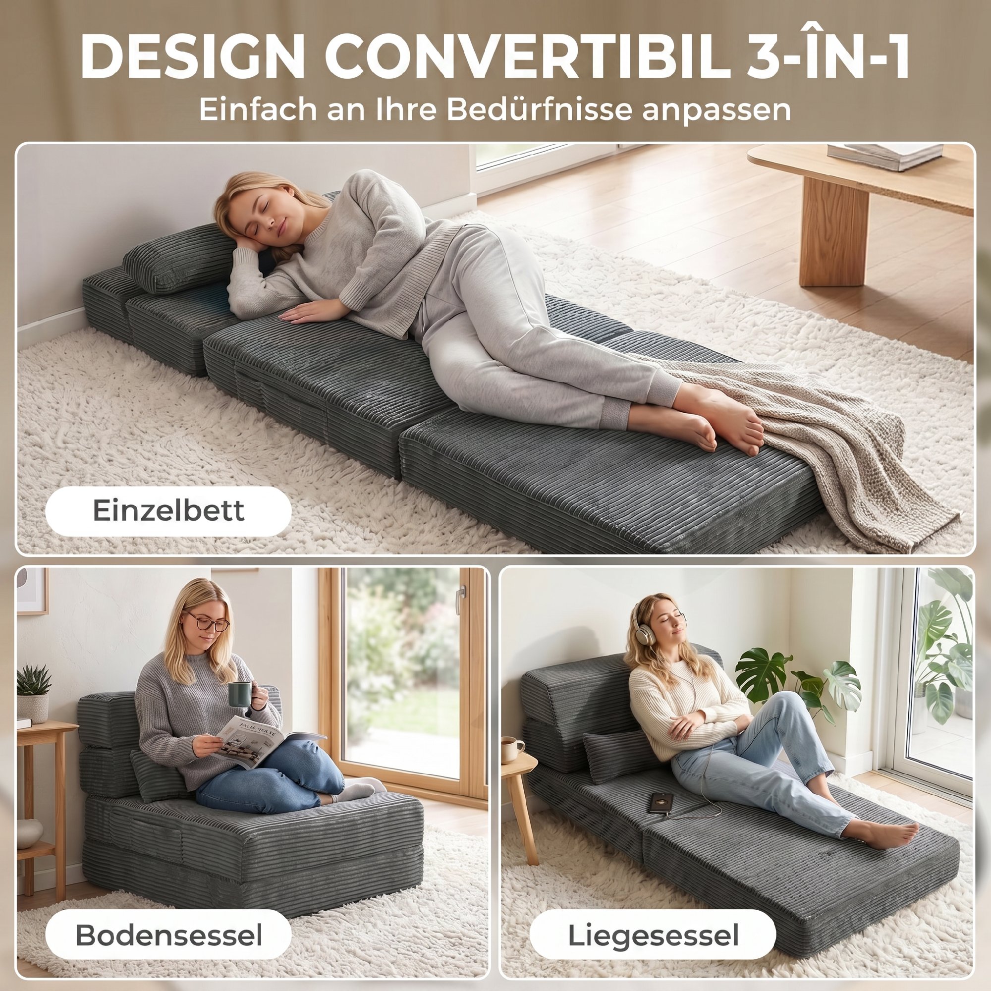 Bodenstuhl mit Rückenstütze, Cord Boneless Cloud Faltbares Schlafsofa mit dickem Polster, Dunkelgrau