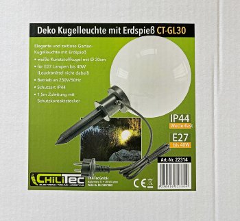 Garten Kugelleuchte Erdspieß "CT-GL30cm" / IP44, 230V, 1,5m Kabel, E27 Fassung