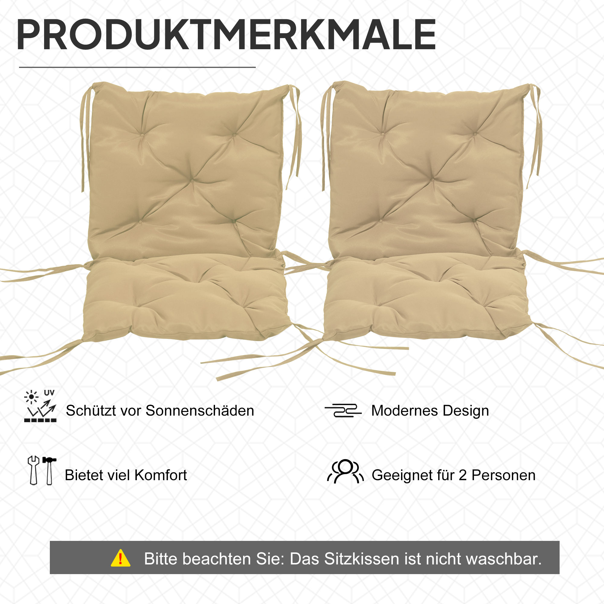 2er-Set Sitzkissen, 98 x 50 cm Stuhlkissen mit Bindebänder, Stoffbezug, 8cm dick Khaki