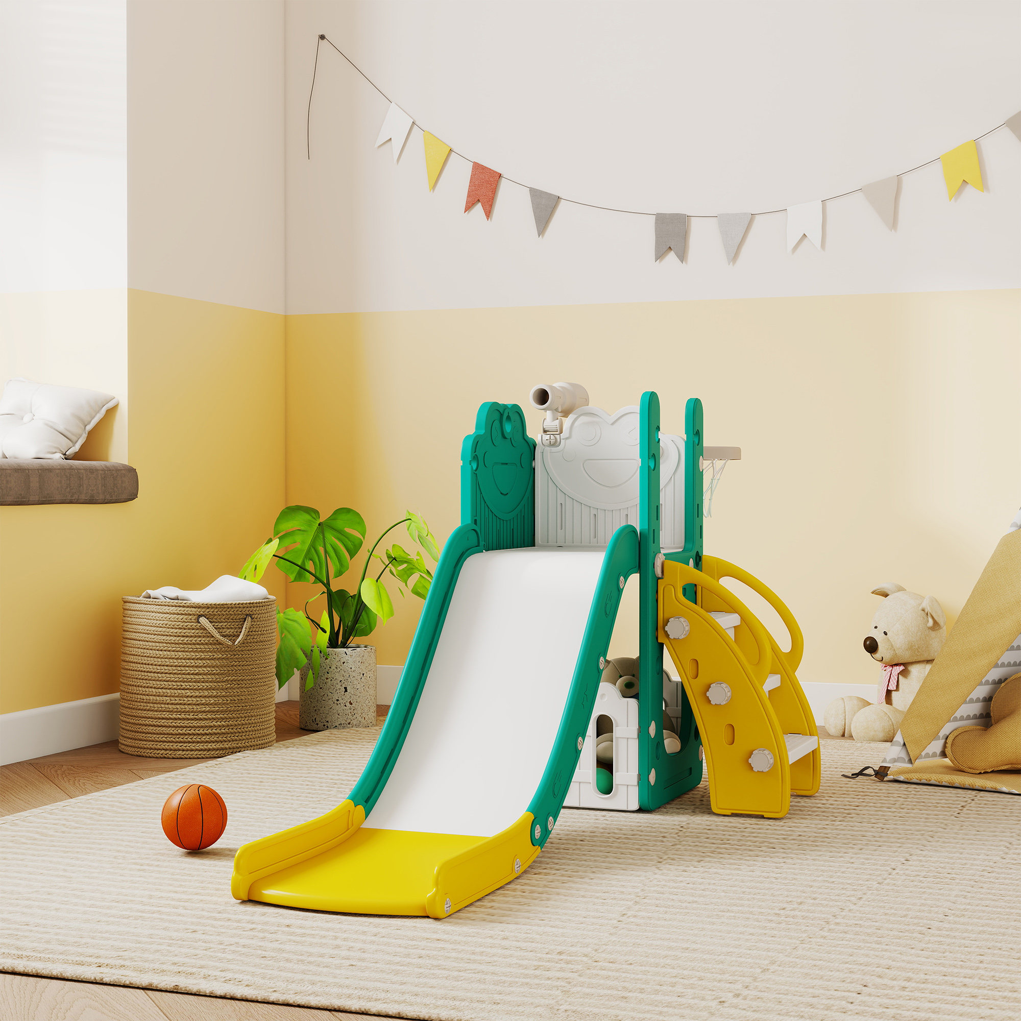 5-in-1 Kinderrutschenset, Teleskop, Basketballkorb, Kunststoff, Gelb+Grün