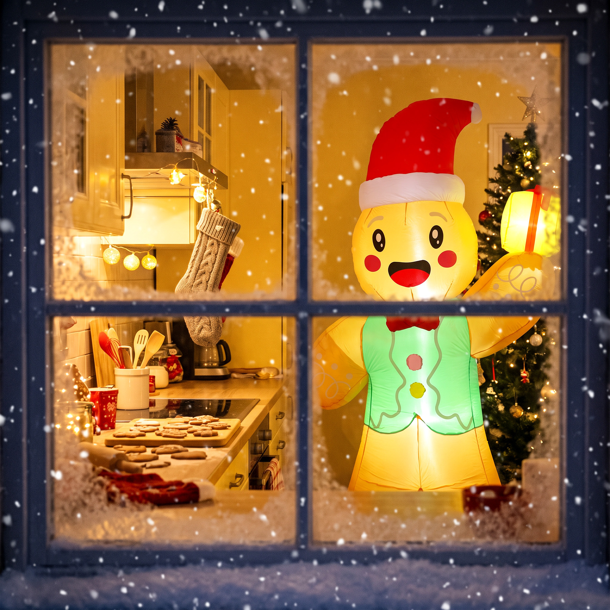 Aufblasbarer Weihnachts-Lebkuchenmann, 250 cm, mit Geschenkbox und LEDs, für außen