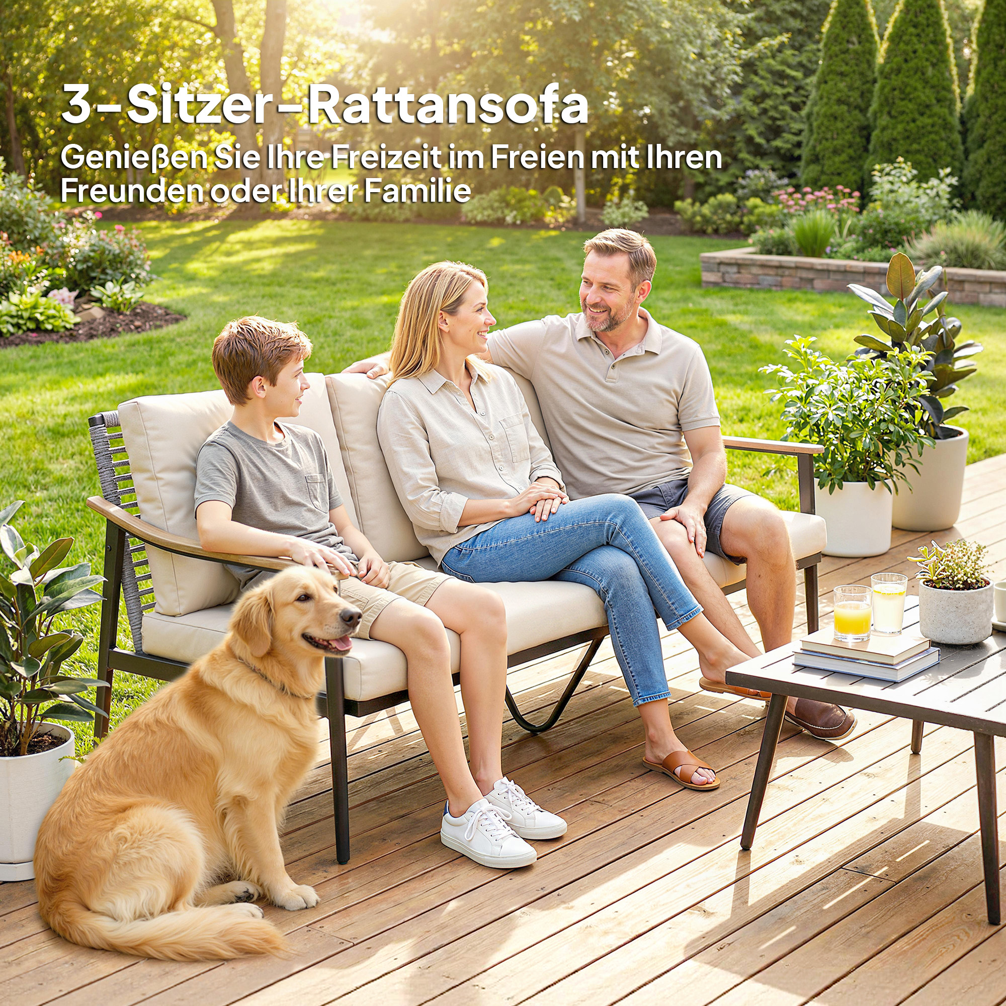 Gartensofa 3-Sitzer Rattan Loungesofa mit abnehmbar Kissen Holzoptik-Armlehnen Stahlrahmen Khaki