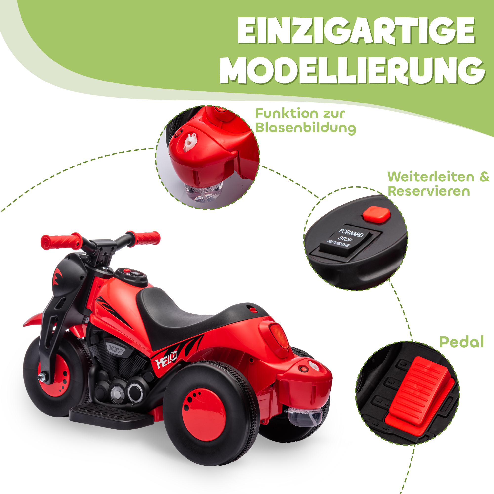 Kinder Elektro-Motorrad, 6V Kindermotorrad mit Musik, Blasen 2,5-3 km/h, für 2-5 Jahre Kinder