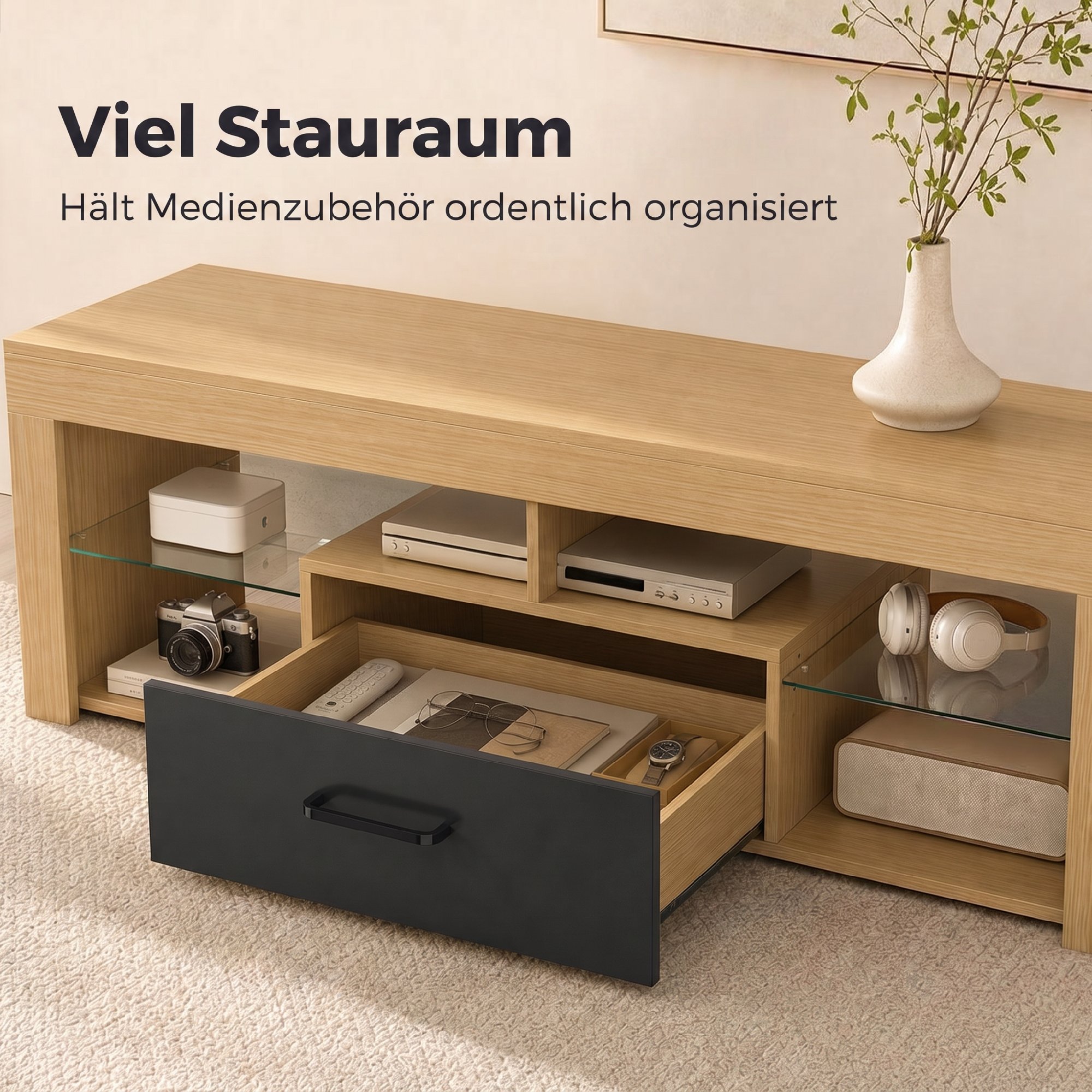 TV-Lowboard für Fernseher bis 65 Zoll, moderner TV-Schrank mit verstellbaren Glasböden, Eiche