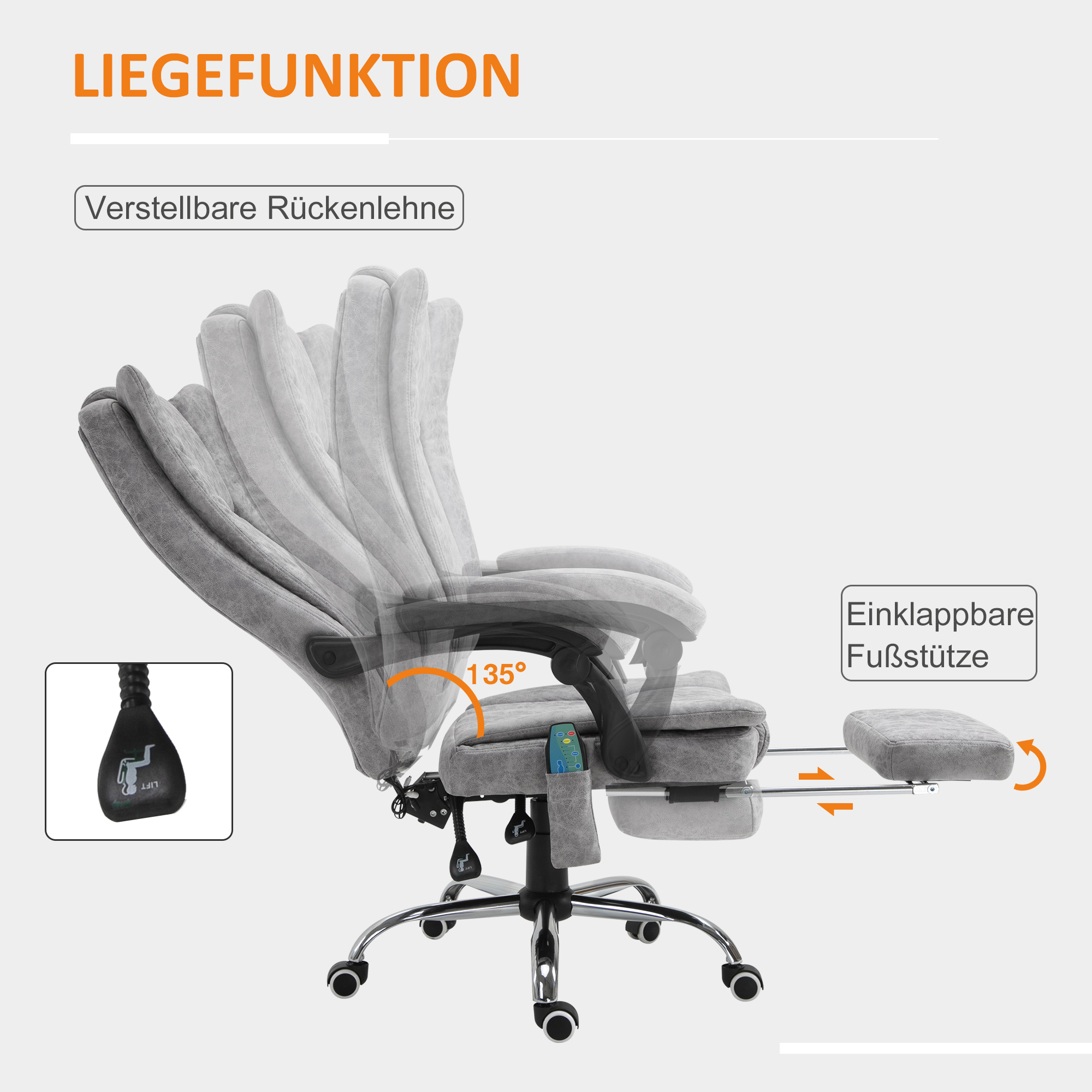Bürostuhl mit Massagefunktion, Ergonomischer Schreibtischstuhl mit Heizfunktion, Liegefunktion, Höhenverstellbarer Drehstuhl mit Fußstütze, Seitentasche, Grau