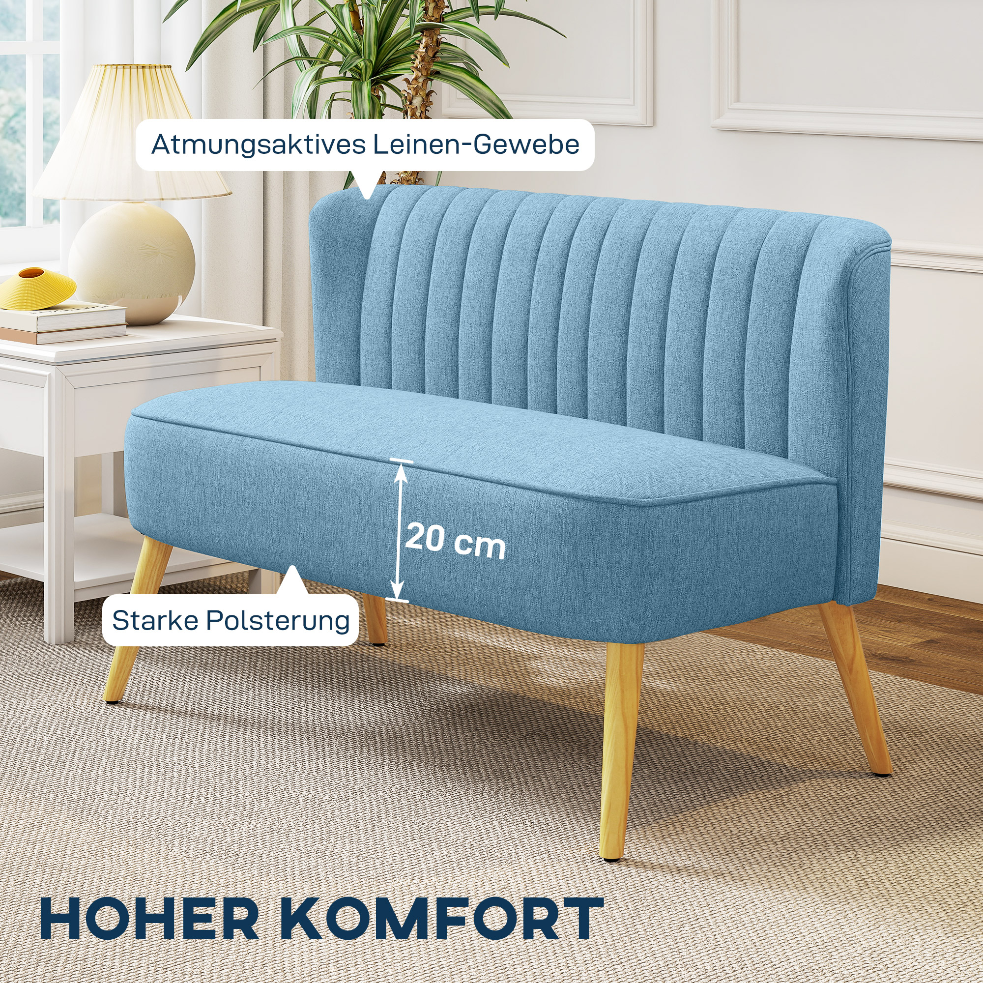 2-Sitzer Sofa im Retro-Look, weiche Polsterung, pflegeleichter Bezug, bis 150 kg, 117 x 56,5 x 77 cm, Blau