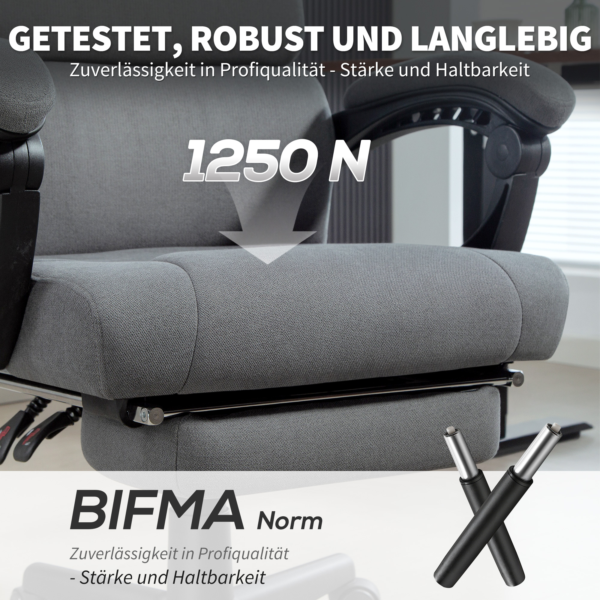 gepolsterter Bürostuhl mit Samt-Optik, höhenverstellbar, rollbar, Grau