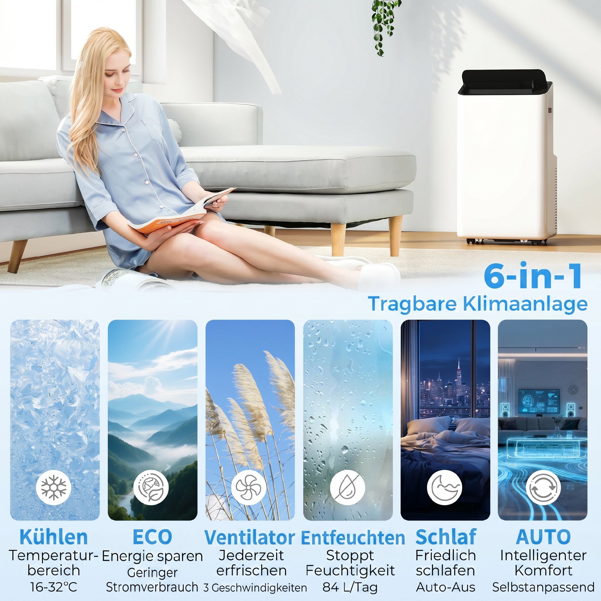 Mobiles Klimagerät 12.000 BTU mit Inverter-Technologie, Klimaanlage mit 60° Schwenkfunktion, 24H-Timer, Fernbedienung