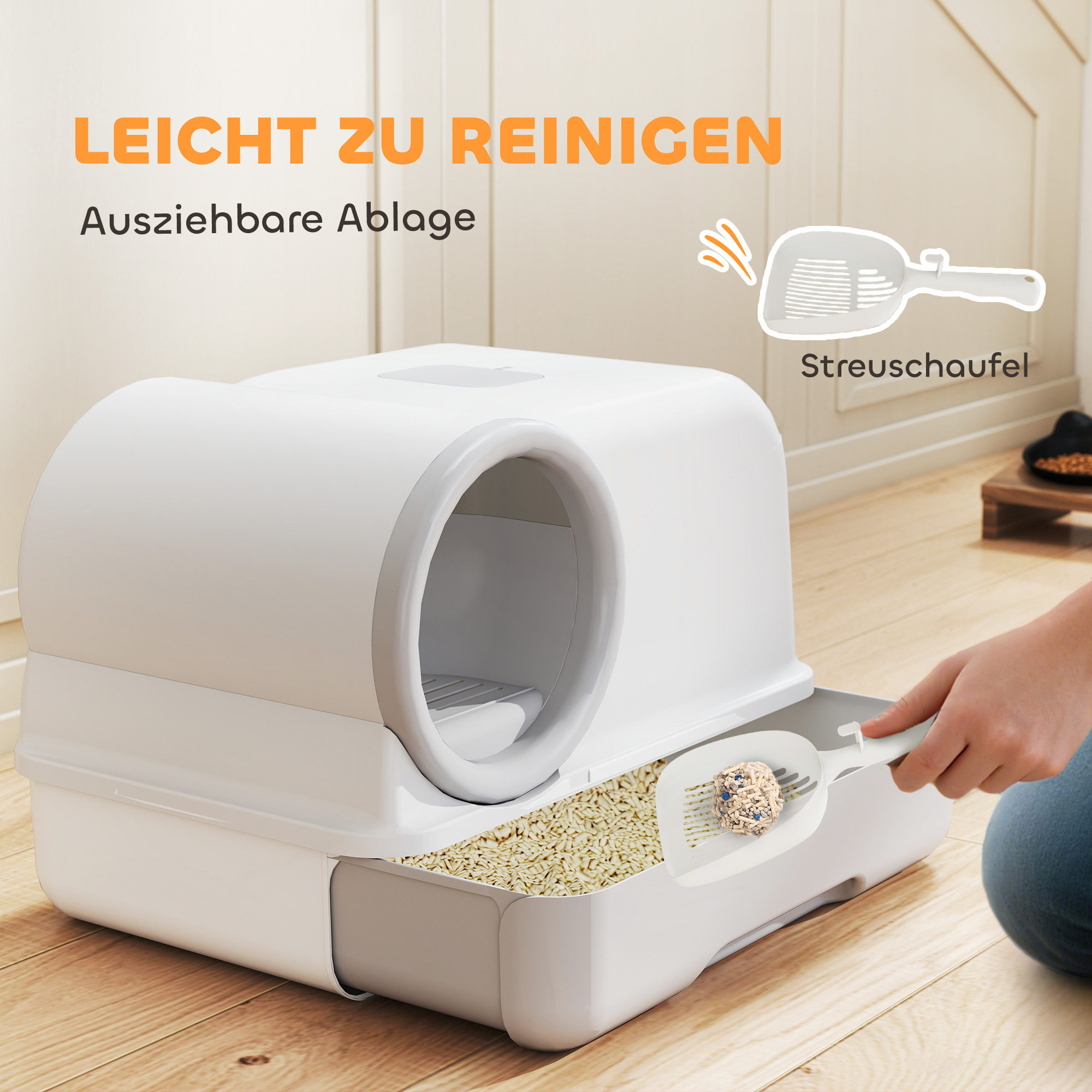 Katzentoilette mit Deckel Schaufel ausziehbares Tablett 2 Aktivkohlefilter für Katzen bis 5 kg 59x39,5x39,5cm Weiß+Grau