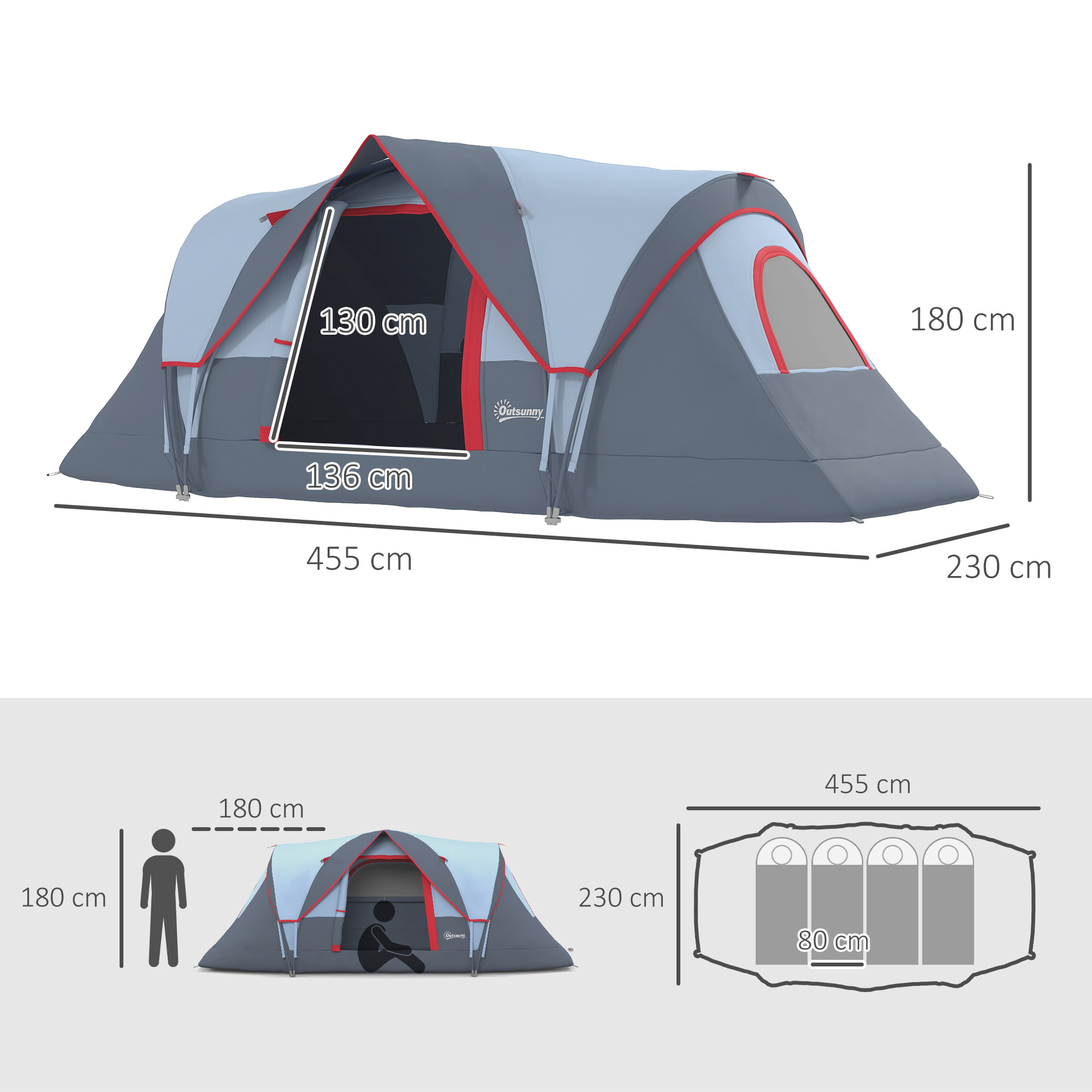 Campingzelt für 5-6 Personen stabil wasserdicht Familienzelt mit Eingang Fenster Packtasche, Zelt mit 3000mm Wassersäule Tunnelzelt Kuppelzelt für Camping Reise Garten, Hellgrau