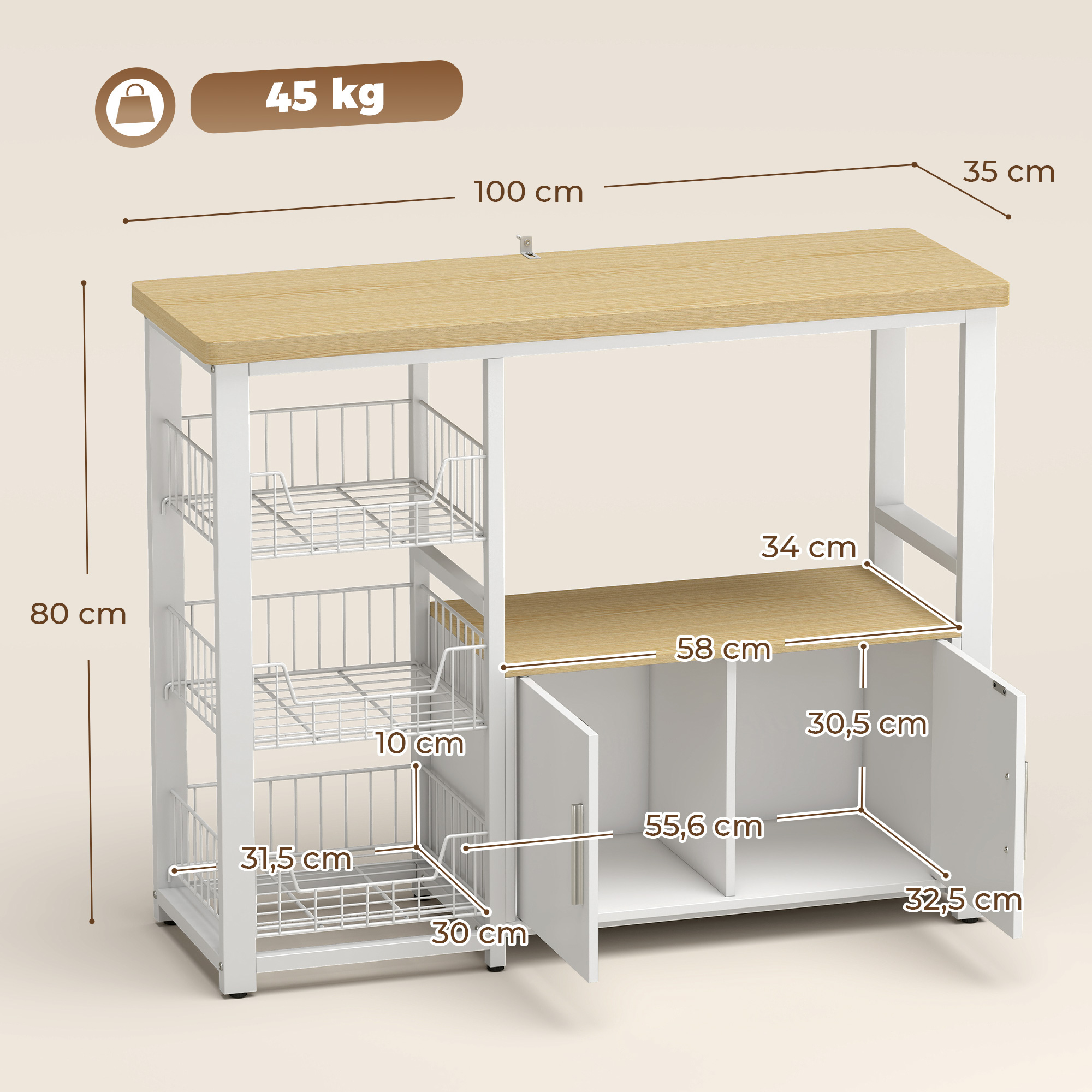 Küchenaufbewahrungsregal mit Schiebekörben und Schrank, Mikrowellenunterlage, 100 x 35 x 80 cm, weiß